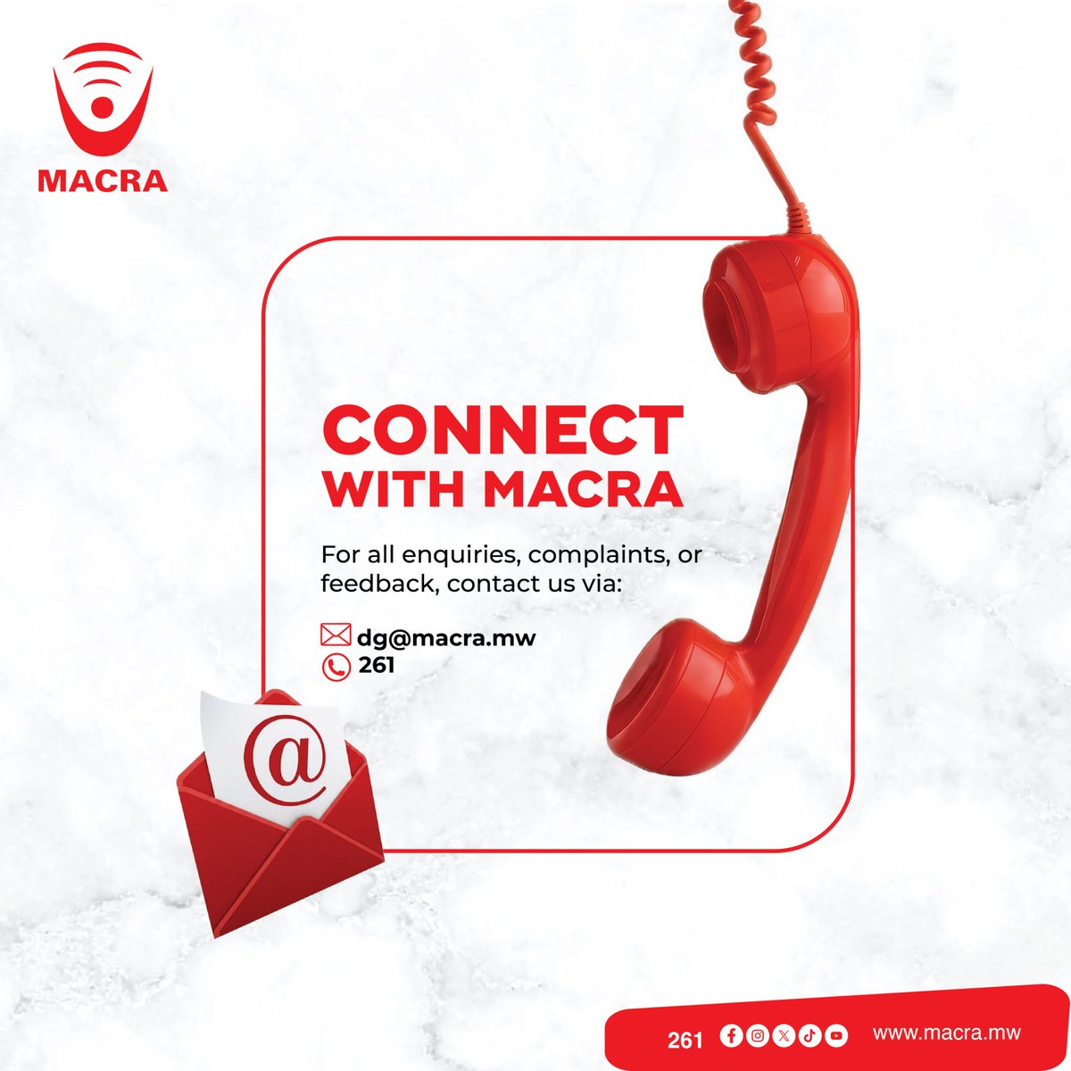 MACRAMALAWI's tweet photo. Connect with MACRA

For all enqiries, complaints, or feedback contact us via:

Email: dg@macra.mw
Call: 261

#MACRA
#QualityAffordableSecureCommunicationServices 
#DigitallyTransformedMalawi 
#261TollFree https://t.co/zAVrsi67ss