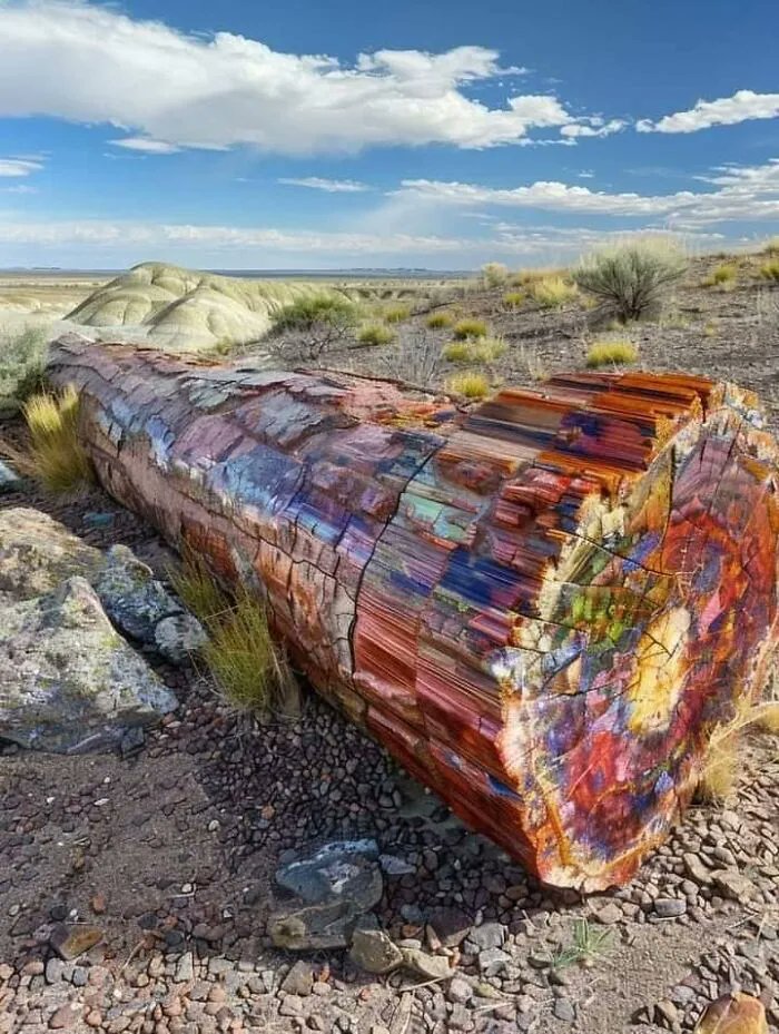 ankorinclan's tweet photo. "El árbol que cae en el bosque no desaparece. A veces tarda 225 millones de años en mostrarte sus colores."

Lo que ves no es pintura. No es arte digital. Es madera. Madera que lleva enterrada desde el Triásico, cuando los dinosaurios aún no habían aparecido, y que el tiempo convirtió en cuarzo puro de colores.

El Bosque Petrificado de Arizona conserva los troncos de árboles que cayeron hace entre 207 y 225 millones de años en lo que entonces era una llanura tropical cercana al ecuador, cruzada por ríos que los arrastraban y los enterraban bajo capas de sedimento antes de que pudieran descomponerse. Sin oxígeno, sin bacterias capaces de degradarlos, los troncos quedaron sellados. Y entonces el agua subterránea empezó a filtrarse milímetro a milímetro a través de la madera, depositando dióxido de silicio en cada célula, en cada poro, en cada fibra, hasta que la madera original fue reemplazada molécula a molécula por cuarzo cristalizado.

El proceso tardó millones de años. El resultado es lo que ves: un tronco que mantiene la forma exacta de la madera, las vetas, los anillos, incluso la corteza, pero construido enteramente en mineral.

Los colores son la firma química de cada elemento presente durante la petrificación. El rojo y el naranja indican óxido de hierro. El azul y el púrpura, manganeso. El amarillo y el verde, otros compuestos de hierro en diferente estado de oxidación. El blanco puro, cuarzo casi sin impurezas. Cada tronco es un mapa geoquímico de los minerales que circulaban por ese suelo hace doscientos millones de años.

El Parque Nacional contiene más de 400 kilómetros cuadrados de este paisaje. Se estima que quedan bajo tierra más troncos de los que han aflorado hasta ahora. Cada año, la erosión del viento y la lluvia sigue trayendo a la superficie madera que nadie ha visto todavía.

El mayor problema del parque no es la erosión. Es el robo: se calcula que los visitantes sacan ilegalmente unas 12 toneladas de madera petrificada al año, a pesar de las multas y los controles. El parque tiene instalada en la entrada una colección de cartas de personas que devolvieron trozos robados años o décadas antes, muchas acompañadas de notas que hablan de mala suerte, remordimiento o simplemente el deseo de devolver algo a donde pertenecía.
