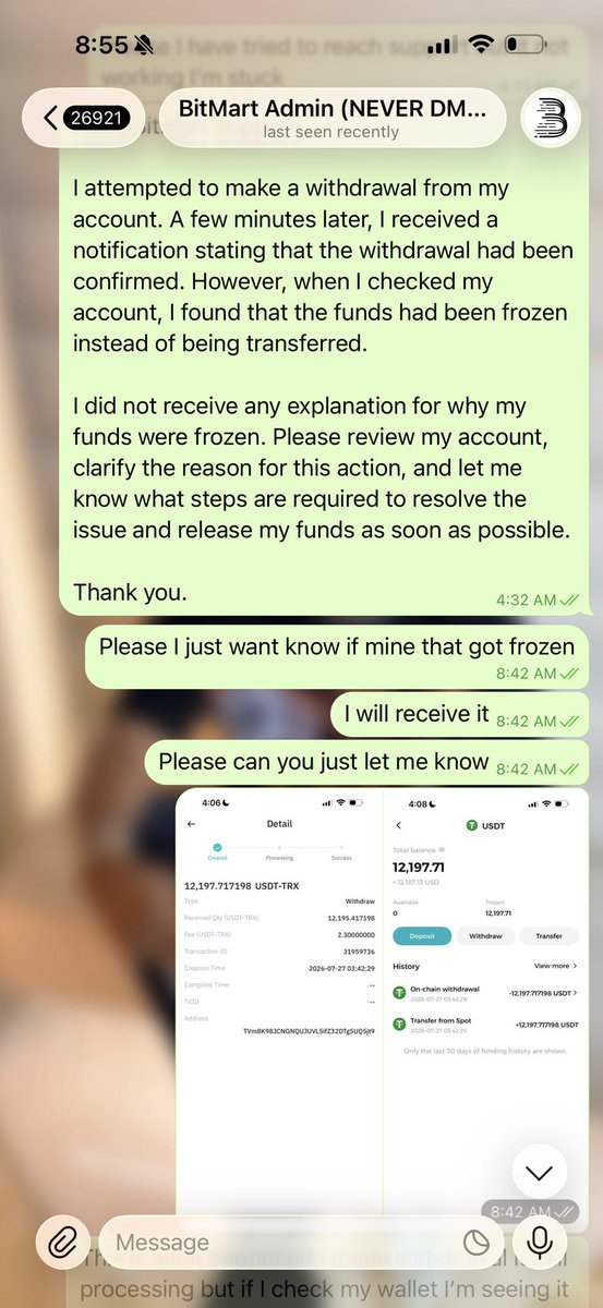 iamtolufx's tweet photo. Broo, saving money in a centralized exchange is becoming crazy. I heard @BitMartExchange is about to shut down, and everyone is being directed to withdraw their funds from the wallet. I have over $12,000 there, and I requested a withdrawal. A few minutes later, I saw “Withdrawal Confirmed,” but when I checked my wallet, it still hadn’t gone into processing.

Only for me to check again and see that my funds was showing frozen, and my withdrawal is still under “Created” and has yet to be processed.

The crazy part is that I can’t even create a support ticket to reach their support team anymore. On their Telegram community, the admins and community managers keep ignoring me. Please help me tag @BitMartExchange so they can see this!

Will my withdrawal be processed, or do you not want to release my money? Because even if you shut down your exchange, everyone should still receive the money they deposited into your exchange.

Please kindly help me quote, retweet and tag them thank you!
