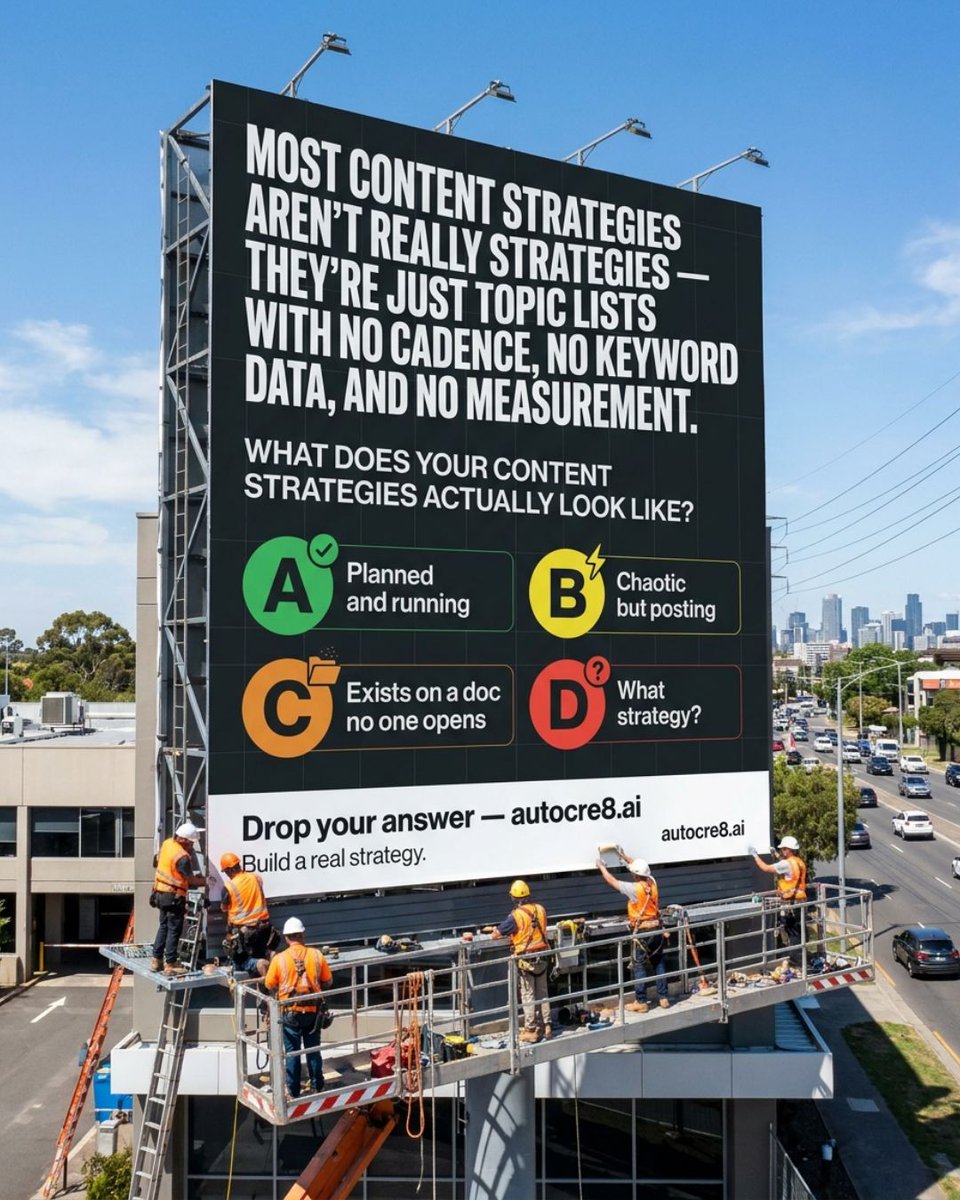 AutoCre8_HQ's tweet photo. By my count, you've seen about 28 days of AutoCre8 content. What made you finally look us up? A) Time savings B) Brand voice C) A testimonial D) Pricing E) Something else — drop it below. We track what converts. https://t.co/a7oL5Qkr9d https://t.co/N802emwi85