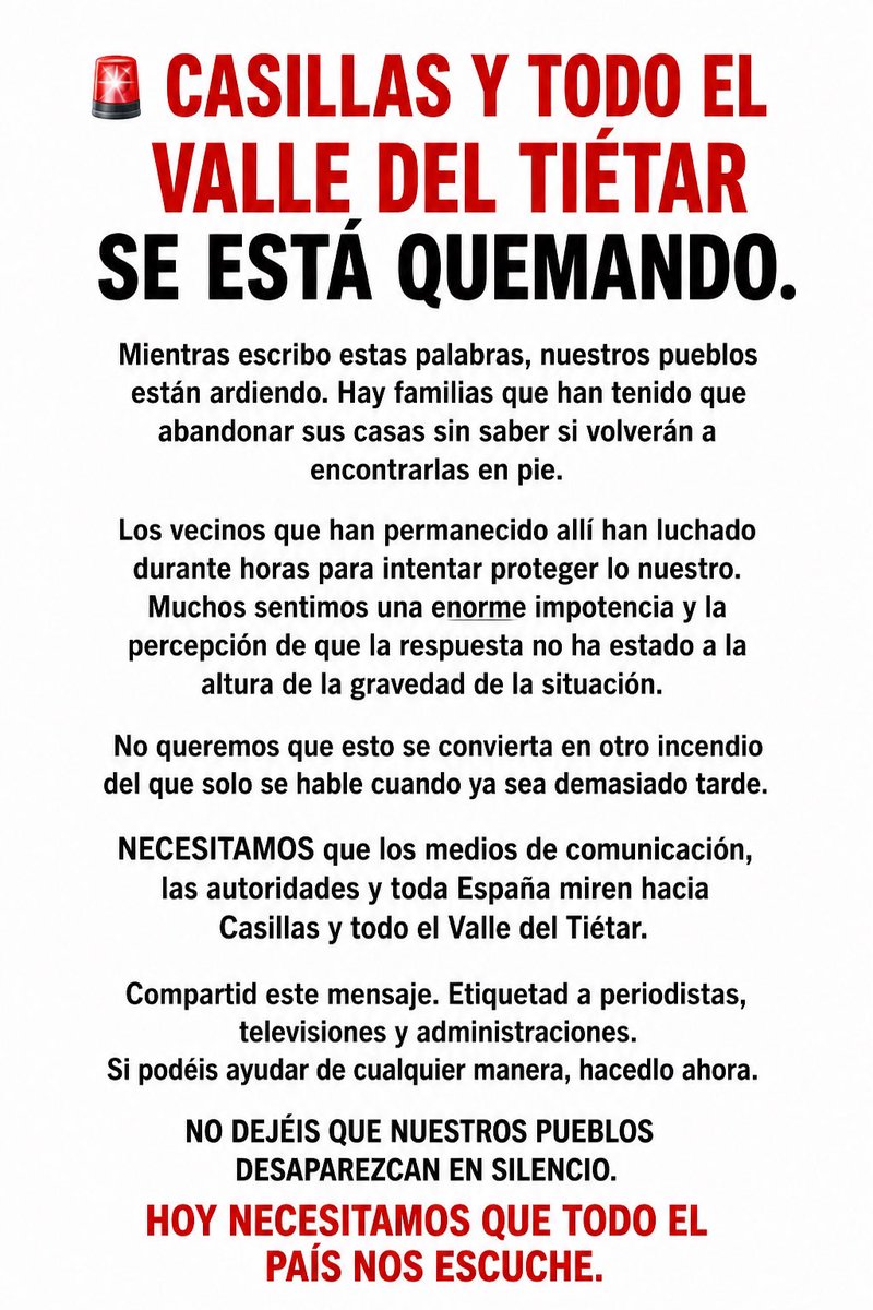 miriampeinado96's tweet photo. 🚨 CASILLAS (ÁVILA) PIDE AYUDA.

Nuestro pueblo está ardiendo. Hemos sido evacuados mientras nuestros vecinos luchaban por salvar sus casas. Sentimos que Casillas está siendo abandonado a su suerte. 

Por favor AYUDA #ifBurgohondo #incendioforestal #valledeltietar #ayuda https://t.co/ILqM91Td2a