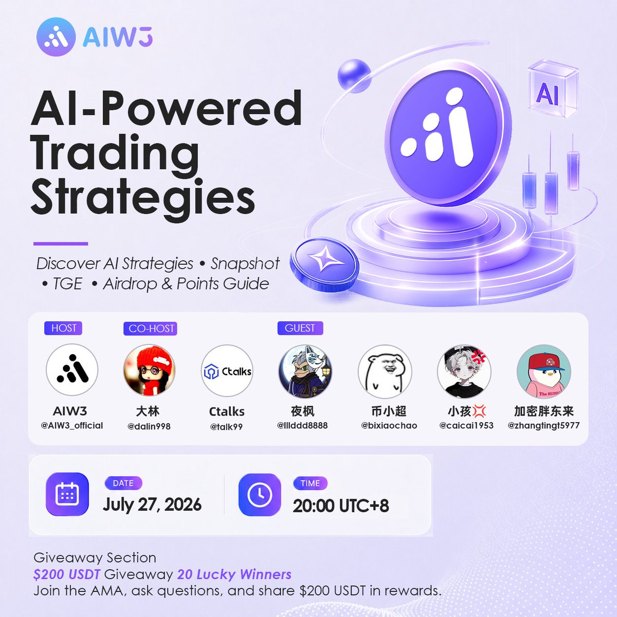 AIW3_official's tweet photo. https://t.co/JuGj7fS0K9

$200 USDT Giveaway
20 lucky winners will share the prize pool.

AI-powered trading is changing how strategies are built and executed.

Join the AIW3 AMA to discover:

• AI Strategy Generation & Backtesting
• Strategy Square & Smart Money Copy Trading
• Snapshot & Airdrop Updates
• TGE Timeline & Tokenomics
• AIW3 Points System & Rewards

📅 July 27, 2026
⏰ 20:00 (UTC+8)

How to participate:
• Like this post
• Repost this post
• Leave a comment with your BSC wallet address

20 winners will be randomly selected to share $200 USDT in rewards.

See you at the AMA!
#AIW3 #AMA #AITrading #Airdrop #TGE #Crypto