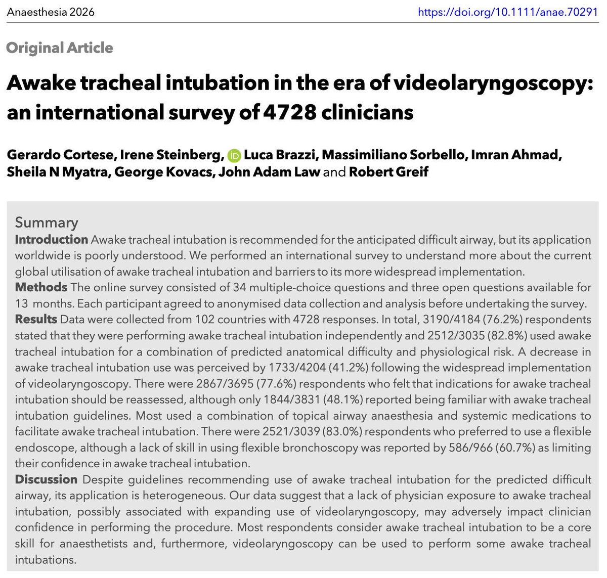 Anaes_Journal's tweet photo. Awake tracheal intubation - a survey

• 96.5% believed that ATI was a core competence for anaesthetists
• 76.2% reported performing the procedure
• 64.5% maintained their skills with <10 ATIs per year

@IreneSteinberg @SorbelloMax @dr_imranahmad @SheilaMyatra 

#anaesthesia #airway #MedTwitter

https://t.co/wT1JqLxrrO