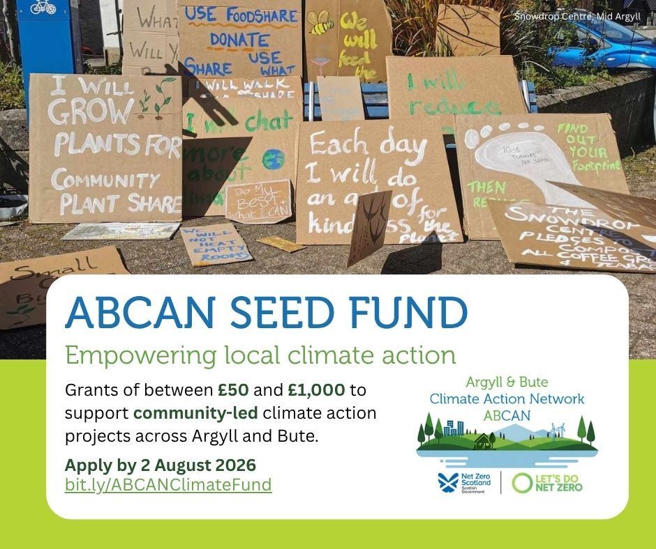 ACTinArgyll's tweet photo. ⏰ Closing soon! ABCAN Seed Fund grants of £50–£1,000 for community-led climate action across Argyll &amp; Bute. Apply by 2 August.

🔗 https://t.co/fspx8ZcZ5X

#Argyllandbute #climateaction https://t.co/QwzQWoJQNn