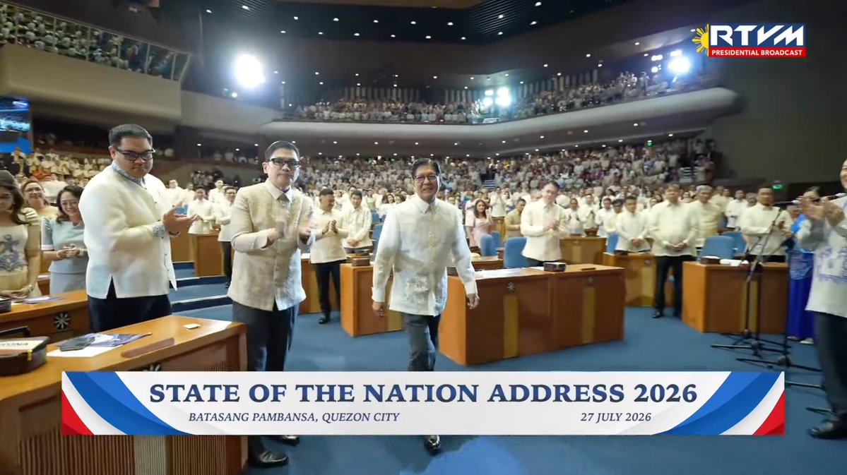 PhilippineStar's tweet photo. JUST IN: President Ferdinand Marcos Jr. has entered the plenary hall of the House of Representatives in Batasang Pambansa for his fifth State of the Nation Address (SONA). #SONA2026

LIVE: https://t.co/mhYn8hpQhr https://t.co/rwAo9RXBGe