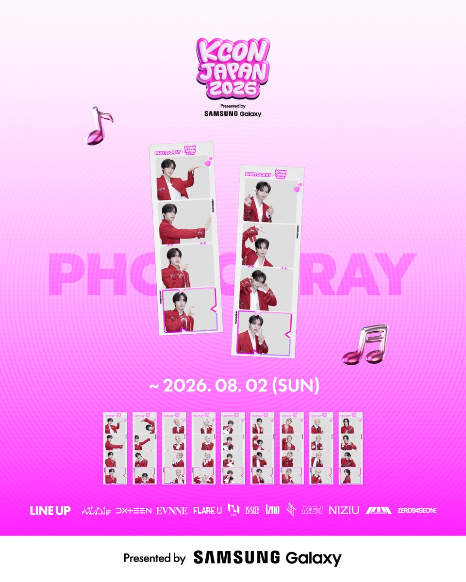 kconjapan's tweet photo. [#KCONJAPAN2026] X PHOTOGRAY 📸
📢 フォトグレイ、日本上陸！

8月2日（日）まで、KCON JAPAN 2026 アーティストフレームをお楽しみいただけます✨

フォトグレイ公式サイトからご予約いただけます！
https://t.co/ONHrMPzL0g

📍MIL GALLERY JINGUMAE
～8月1日(土)｜09:30～18:00
8月2日(日)｜09:30～18:00

📍ARIAKE GARDEN
～8月2日(日)｜10:00～21:00

📍Uta-Hiroba Ikebukuro Nishiguchi Park Front Branch
(カラオケルーム歌広場 池袋西口公園前店)
平日：11:00～29:00 (翌日の5:00)
金曜日：11:00～30:00 (翌日の6:00)
土曜日：10:00～30:00 (翌日の6:00)
日曜日・祝日10:00～29:00 (翌日の5:00)

📍Uta-Hiroba Kamata Sta. East Exit Branch
(カラオケルーム歌広場 蒲田駅東口店)
平日：11:00～29:00 (翌日の5:00)
金曜日・祝日の前日11:00～30:00 (翌日の6:00)
土曜日：10:00～30:00 (翌日の6:00)
日曜日：10:00～29:00 (翌日の5:00)

📍Uta-Hiroba Kaihin Makuhari North Exit Front Branch
(カラオケルーム 歌広場 海浜幕張北口駅前店)
～8月2日(日)｜10:00～29:00 (翌日の5:00)

📎LINE UP
#ALPHADRIVEONE
#DXTEEN
#FLAREU
#HIIPE_Princess
#INI
#ISSUE
#izna
#JO1
#KickFlip
#ME_I
#MODYSSEY
#NiziU
#P1Harmony
#ZEROBASEONE

-
KCON JAPAN 2026 
MAY 8-10 
Makuhari Messe 

Let's #KCON