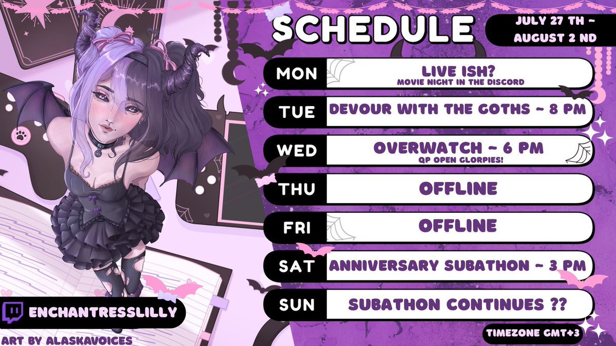 EnchantLilly's tweet photo. ⛧°。 ⋆༺♱༻⋆。 °⛧ 
Schedule for the week my darling underlings!
Exciting week ahead and I do hope we see this week 😈 🖤 
⛧°。 ⋆༺♱༻⋆。 °⛧ https://t.co/dn2HIdkkcd