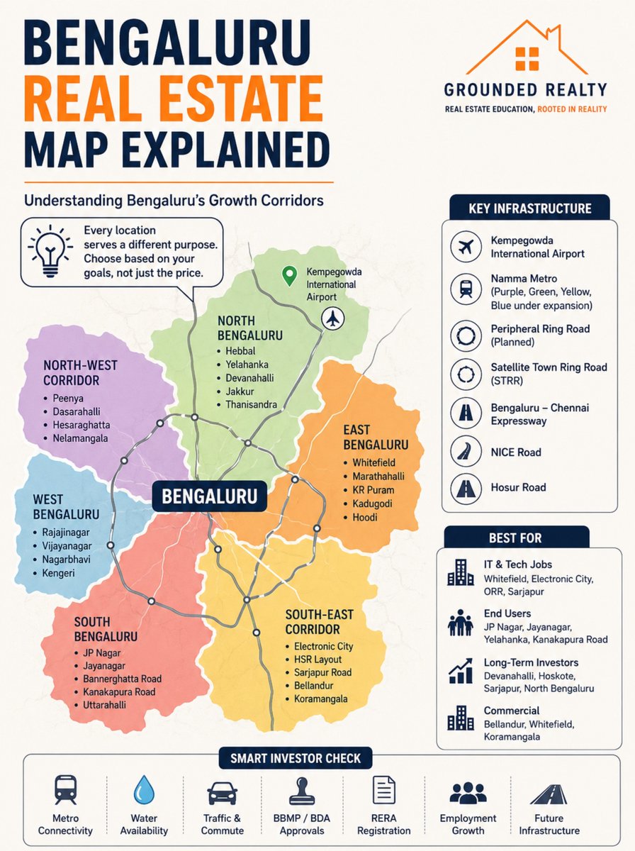 GroundedRealty's tweet photo. Bengaluru Real Estate Map Explained 🏙️
Not every location grows for the same reason.
✈️ Airport 🚇 Metro 💻 IT Parks 🏠 Residential 📈 Infrastructure
Understand why an area is growing before you invest.
#Bengaluru #RealEstate #Property #Investment #GroundedRealty https://t.co/O0klNjqoPr