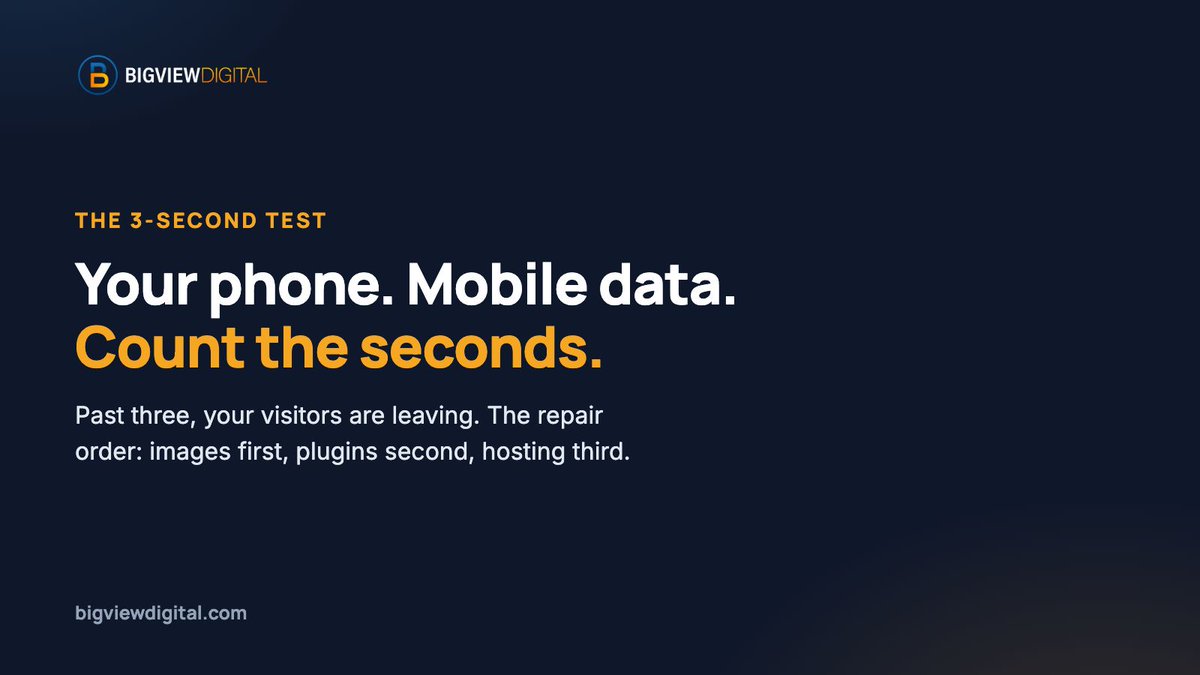 BigviewDigital's tweet photo. The 3-second website test: open your site on your phone, on mobile data, and count the seconds before you can read it. Past three, you are losing people.

The repair order when you fail: compress the images first (most are ten times bigger than needed), remove the plugins you stopped using, then ask your host whether you are on their slowest plan. Those three solve most slow sites without a developer.

Speed is the first impression, served before a single word is read. #WebsiteTips