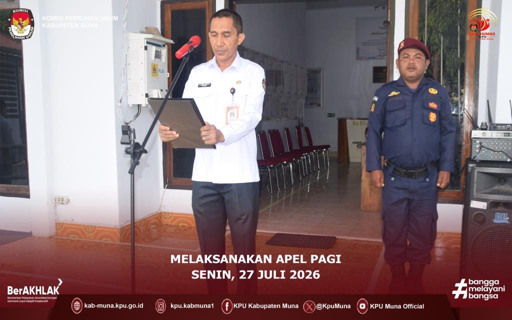 KpuMuna's tweet photo. #TemanPemilih
Jajaran KPU Kabupaten Muna melaksanakan Apel Pagi  di halaman kantor KPU Kabupaten Muna. Senin (27/7/2026)
Sekretaris KPU Kab. Muna “La ode Abdul Manaf Fattah Alam“ bertindak sebagai Pembina Apel, sementara Kasubag Parhubmas &amp; SDM bertindak sebagai Pemimpin Apel. https://t.co/xYiXvj6fgv