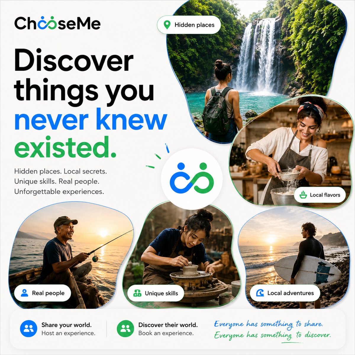 ChooseMeApp's tweet photo. Welcome to https://t.co/w1BQuelw3h, a world of hidden places, local flavors, and unforgettable experiences.

Some of the best memories aren't found in guidebooks. They're shared by real people who know their cities, skills, and stories better than anyone else.

#ChooseMe https://t.co/oJEIjctLFg