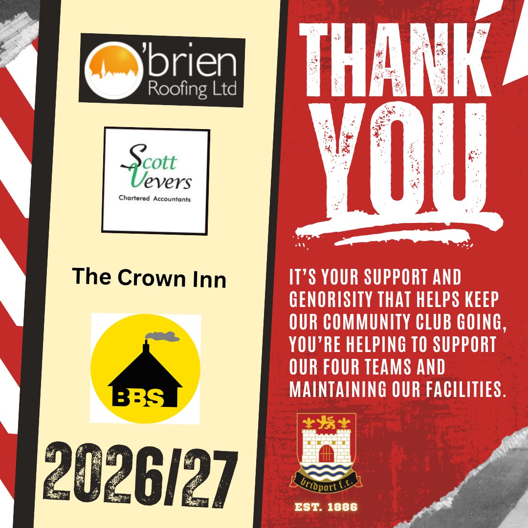 Bridportfc's tweet photo. We have a few more sponsors to thank for entering the draw that took place on 18th July. There are still opportunities to support the club with our advertising opportunities and player sponsorships. Visit our new look website for more information

Thanks go to
Hampton Automotive
Longs Fish and Chips
Martins Bar & Restaurant
Moss Motor Repairs
O'brian Roofing Ltd
Scott Vevers Chartered Accountants
The Crown Inn Bridport
Bridport Building Supplies