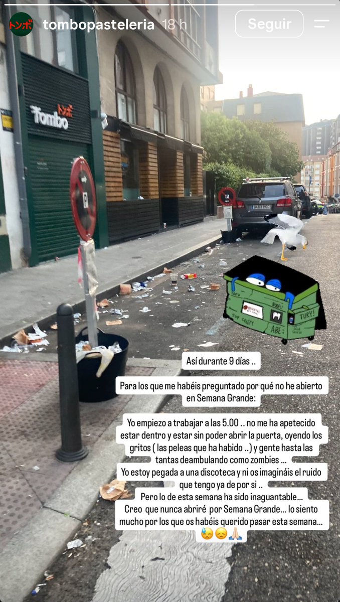 GalernaPress's tweet photo. 🚨 #ÚltimaHora | Negocios del centro de Santander denuncian la acumulación de basura durante la pasada Semana Grande. La pastelería Tombo no abrió en las fiestas por el ruido, la suciedad y las peleas en la calle. 

📸 IG: @tombopasteleria https://t.co/GP9goq8haK