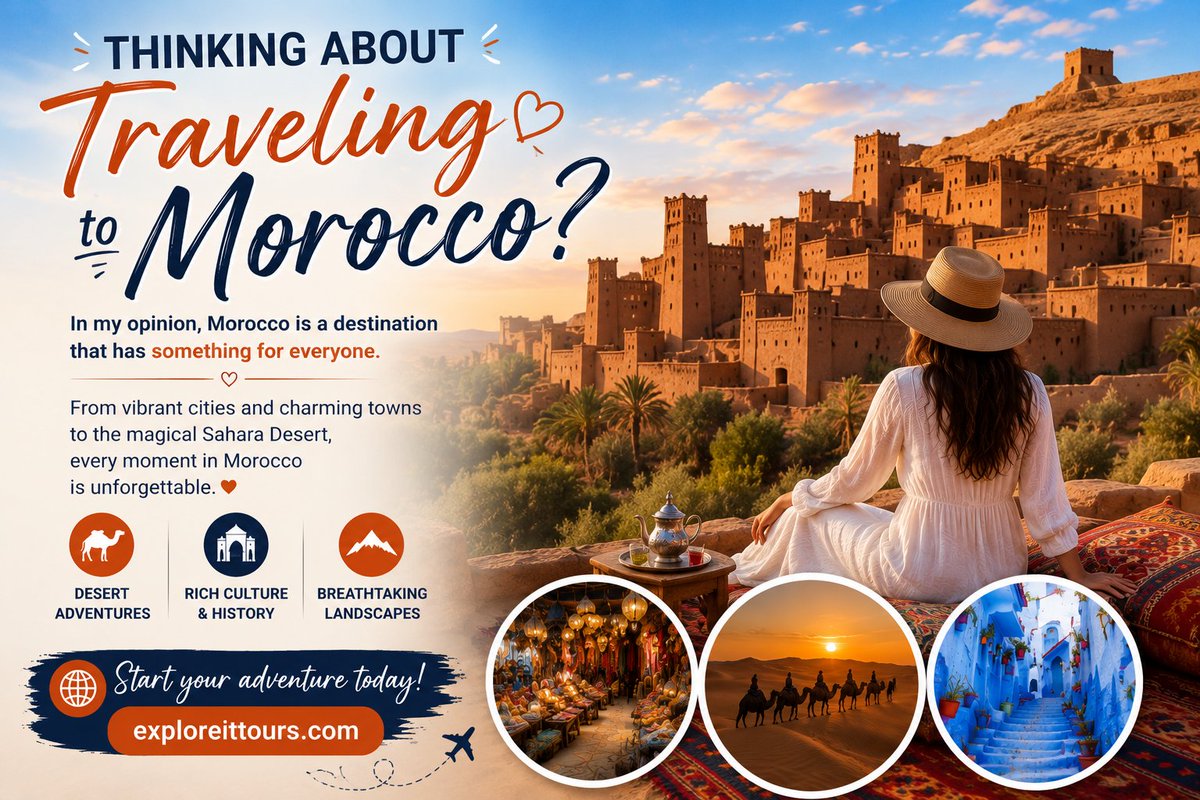 exploreittours's tweet photo. 🇲🇦 Morocco is more than a destination—it's an experience.

Explore vibrant cities, ancient kasbahs, breathtaking mountains, and the magical Sahara Desert. 

✨ Ready for your next adventure?

🌍 https://t.co/kdi23bDYhY

#SaharaDesert #Travel #Adventure #Wanderlust #ExploreMorocco https://t.co/li1SFzOwOn