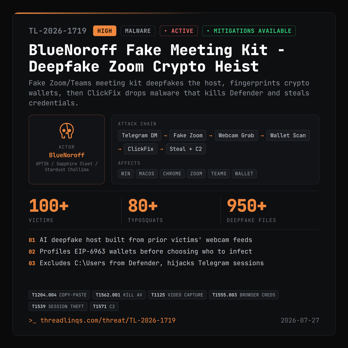 threadlinqs's tweet photo. BlueNoroff joins your Zoom call as an AI deepfake, then asks you to paste one fix into PowerShell. https://t.co/QWCxgDzDQE #ThreatIntel #NukeSped #CosmicDoor #SilentSiphon https://t.co/Z1bHezayVA