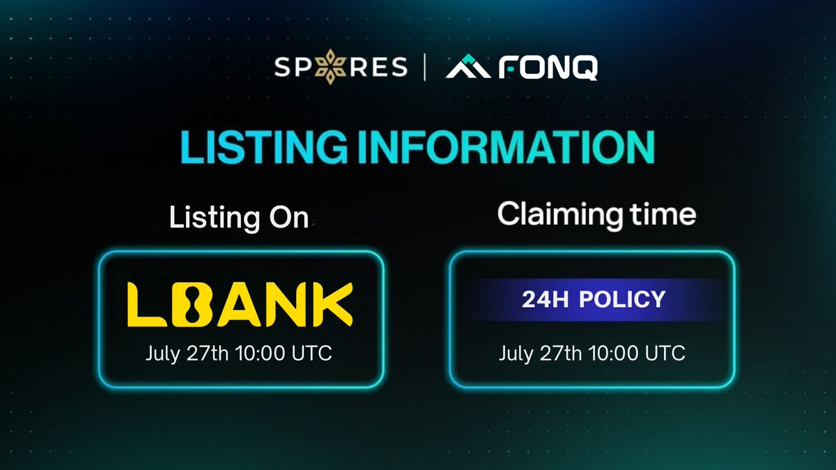 Spores_Network's tweet photo. ℹ️ FONQ LISTING INFORMATION ℹ️

Dear FONQ's Investors,
Here is all the information about the listing of $FONQ for you 👇

✅ Claiming time: July 27th 10:00 UTC on Spores Launchpad 
✅ Listing time:July 27th 10:00 UTC on LBank
✅ Safeguard end time: July 28th 10:00 UTC
🔐 Vesting schedule: 15% TGE, 0m cliff, 4 months Monthly Linear Vesting

IDO Price: $0.08
$FONQ contract (ETH): 0x4cff203005b24aa1083b35063d684a76b1080f22

✅ Once claimed, please note that tokens cannot be refunded.
✅ To request a full refund or remaining refund, click the refund button on https://t.co/t5E7cRg25y within 24 hours after the listing time.