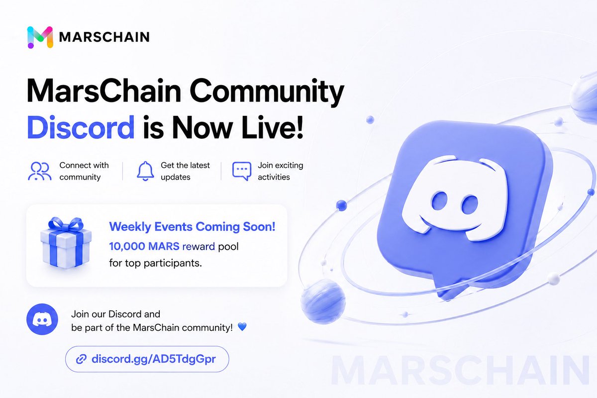 MarsChainDAO's tweet photo. The MarsChain Community Discord is now officially live!

We are thrilled to announce that the official MarsChain community Discord is now open to everyone!

Join us to connect with fellow community members, stay updated on the latest news, and participate in exciting community events.

🎁 We will be hosting weekly community events featuring a total prize pool of 10,000 MARS for top performers. 
🎁Burn 2,000 MARS to claim the "First Settler" role.
 
Join our Discord now and become part of the growing MarsChain community. We look forward to seeing you there! 💙

Discord Link: https://t.co/YWG0MJwluS