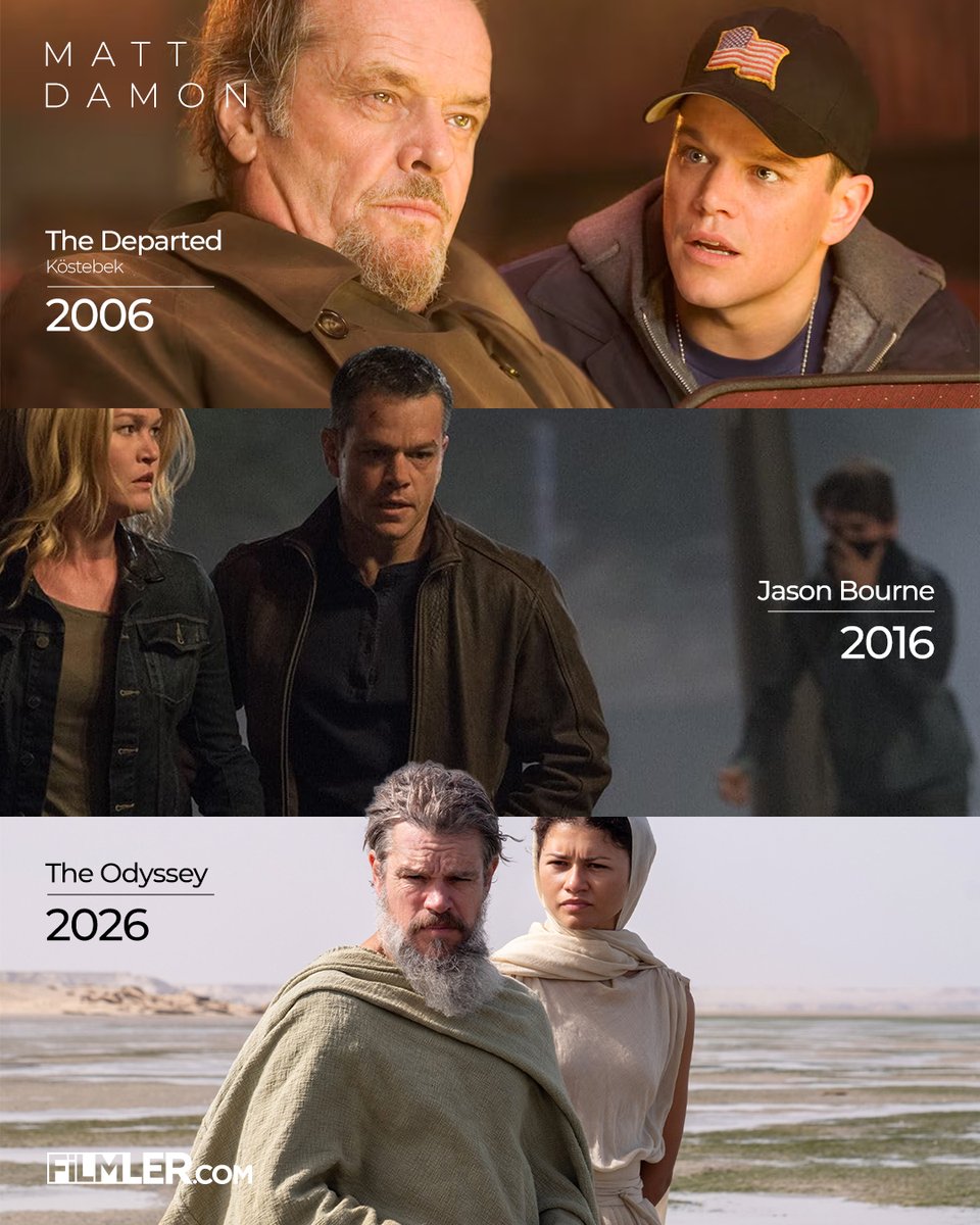 filmlercom's tweet photo. Matt Damon’un 20 yıllık sinema yolculuğu. 🎬
📍 2006 – Köstebek
📍 2016 – Jason Bourne
📍 2026 – The Odyssey
Sizce Matt Damon’un en iyi performansı hangi filmde?
#MattDamon #TheOdyssey #JasonBourne #TheDeparted https://t.co/3gg2X0t2qk