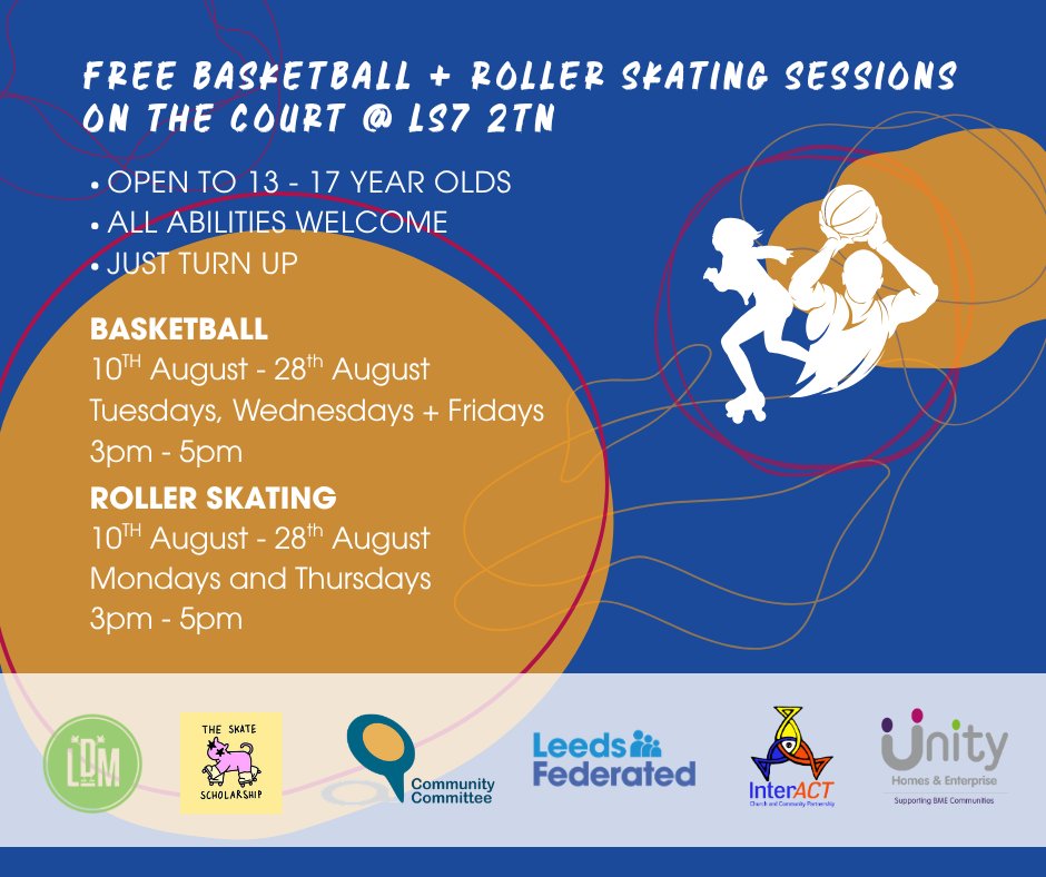 leedsfederated's tweet photo. Just a week until our FREE basketball and roller skating sessions @ LS2 2TN #Meanwood start. Open to 13-17 year olds.

🏀Basketball will run on Tues, Wed &amp; Fri at 3-5pm between 10-28 Aug
🛼Roller skating will run on Mon &amp; Thurs at 3-5pm between 10-28 Aug

Just turn up on the day! https://t.co/RJN4UQo1B7