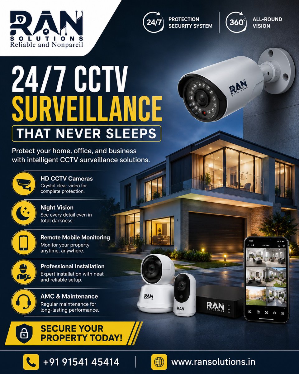 SolutionsR24292's tweet photo. 🔒 Secure your home &amp; business with RAN Solutions!
24/7 CCTV surveillance, HD cameras, night vision, mobile monitoring, professional installation &amp; AMC support. 

CCTV Installation, HD CCTV Cameras, Smart Surveillance, Security Cameras, Home Security, Office Security,CCTV Monitor https://t.co/0X1UX07wAn