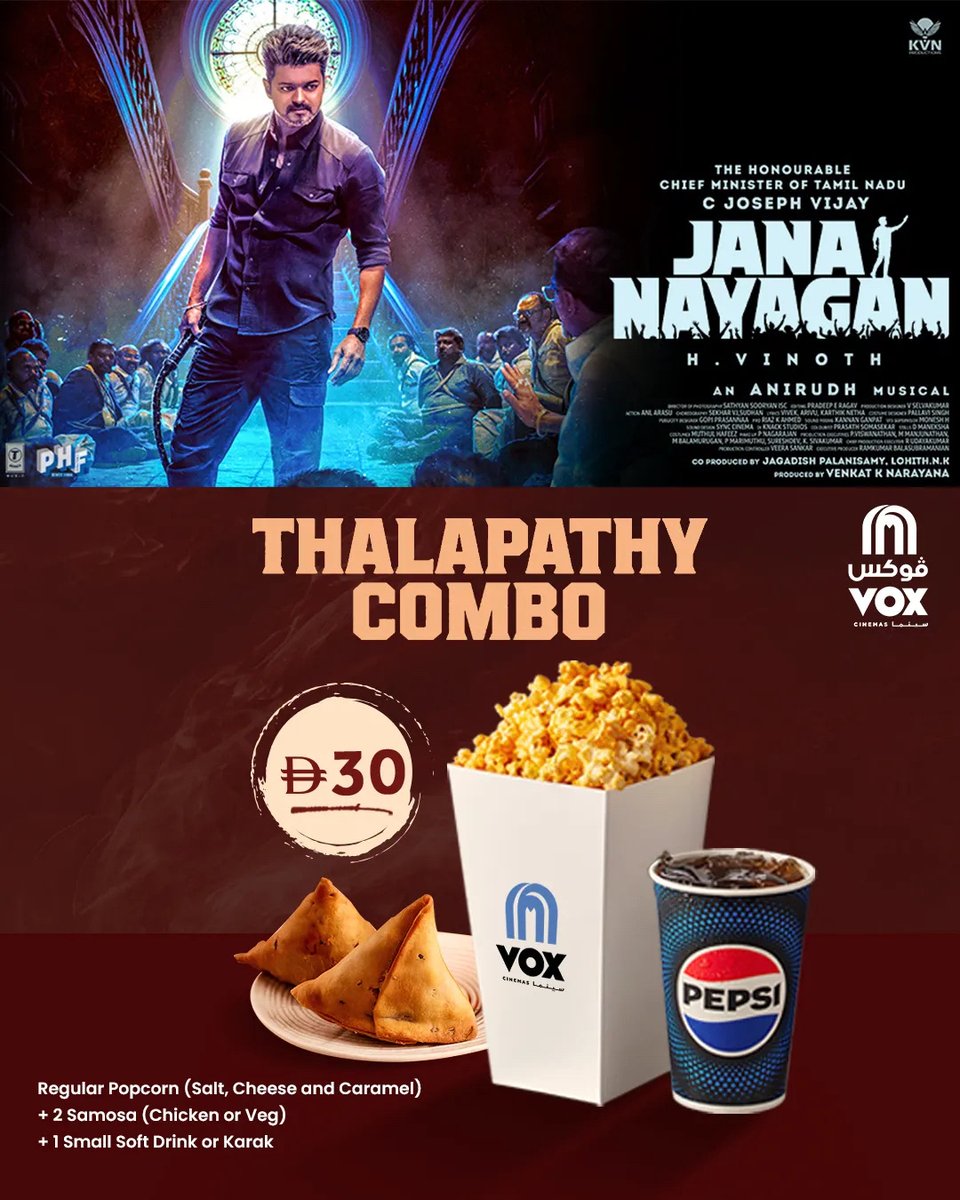 voxcinemas's tweet photo. The Thalapathy Combo has arrived at VOX Cinemas! 🍿

Enjoy the ultimate movie snack combo for just AED 30, including 1 regular popcorn, 2 samosas, and your choice of 1 small soft drink or karak✨

Available until August 11

#VOXCinemas #GreatMoments @MajidAlFuttaim https://t.co/1W7quu4N9h