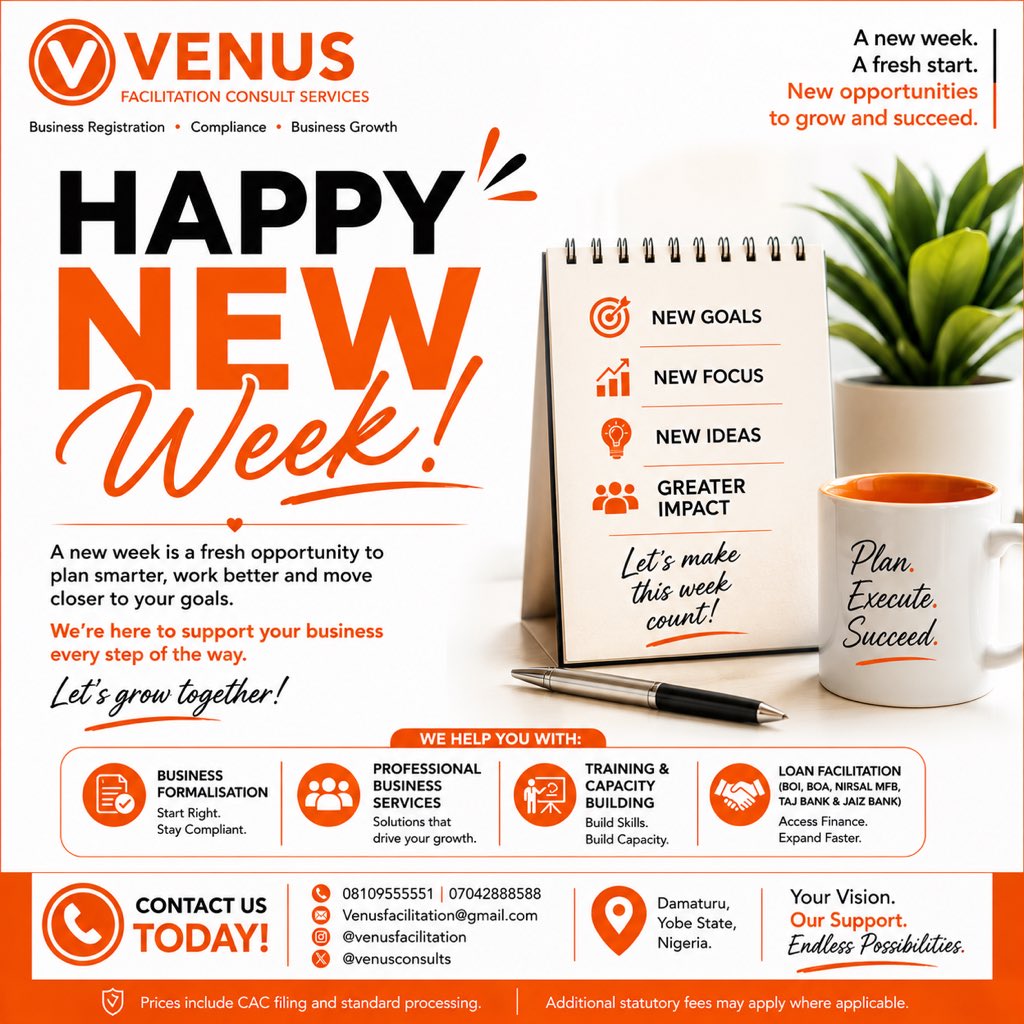 venusconsults's tweet photo. A new week means new possibilities. Stay focused, take action and keep building the business you envision. Small, consistent steps lead to lasting success.

Wishing you a productive and profitable week ahead!

Your Vision. Our Support. Endless Possibilities. https://t.co/Otu42bGoje