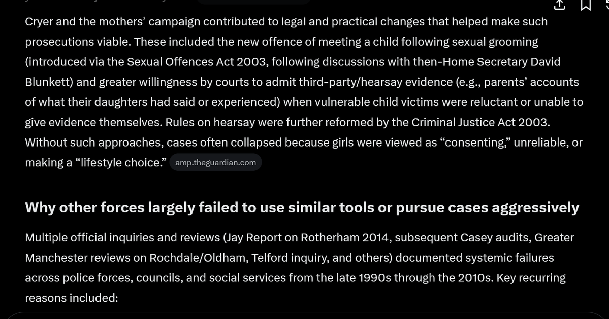 justrightFrank's tweet photo. I posted a front page about how much money is wasted on DEI within UK police forces.
This has been happening since the Blair Government which Burnham was a part of.
Here is the proof:
In 2002 Labour MP Ann Cryer was approached by parents who said their children were being Groomed.
Ann reported the matter to Home Secretary David Blunkett and local police chiefs who told her that "most people who sexually abuse children are white".
Blunkett changed the law to make it possible for police forces and judges to accept "hearsay evidence" from parents and 2 groomers were prosecuted and given very light sentences for sexual assault but NOT for sex by penetration, even though it had occured.
So why did they get such light sentences and why were rape charges not pursued?
And why did no other force take advantage of the legal changes to nip grooming in the bud?
I believe that the answer to both questions is DEI.
Read on: