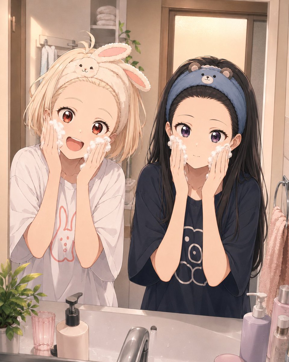chisataki_rico's tweet photo. 「たきな見て見て〜！泡いっぱい！」
「千束、遊んでないでちゃんと洗ってください」

ある日の夜。
並んで洗面台に立つ2人は、そろってヘアバンド姿。

「ねえ、たきなのクマかわいい〜！」
「千束のウサギも似たようなものです」
「えっ、かわいいってこと？」
「……そうは言ってません」
「はいはい、照れない照れない♪」
「泡つけますよ」
「ちょっ、待って！それは反則――」

ぺたっ。

「たきなぁ！？」
「静かに洗顔してください」

結局、顔を洗うだけなのに今日も騒がしい。

#錦木千束 #井ノ上たきな #洗顔