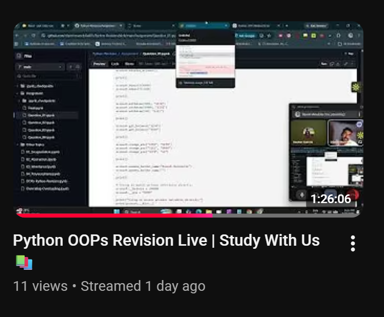 DipeshMain14648's tweet photo. ๐ Live Python OOPs revision session with my friend! ๐
Covered core OOP concepts with examples. If you're preparing for interviews or strengthening your Python, join our next live session! ๐ป
https://t.co/5T7cp17PFB
#Python #OOP #Coding #InterviewPrep #LiveLearning https://t.co/O5PdOodGsg