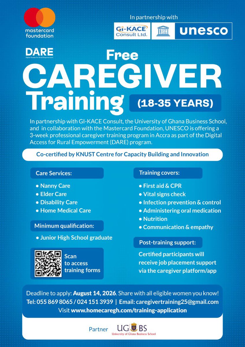 UnescoGhana's tweet photo. Build a rewarding career in caregiving with this FREE 3-week professional Caregiver Training. 
Deadline: 14 August 2026
🔗 Apply: https://t.co/WrgKAsR0bq
#CaregiverTraining #WomenEmpowerment #SkillsDevelopment #DARE #UNESCO #MastercardFoundation https://t.co/hpS9elOD4A