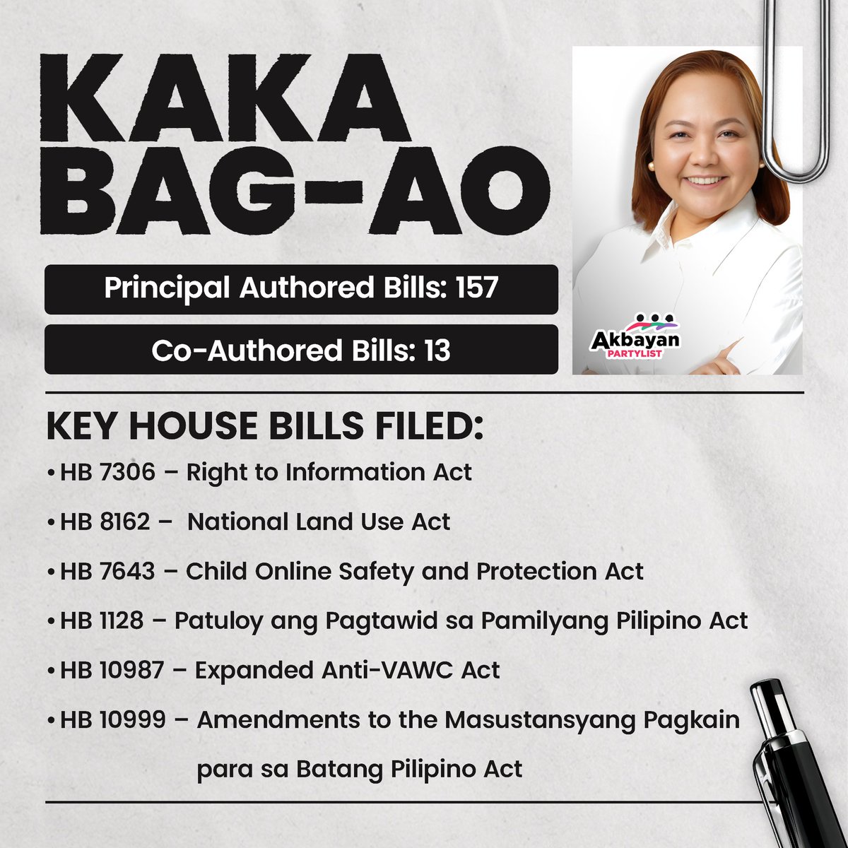 AkbayanParty's tweet photo. 𝗦𝘂𝗹𝗶𝘁 𝗮𝗻𝗴 𝗽𝗮𝗴-𝗮𝗔𝗸𝗯𝗮𝘆𝗮𝗻! 💗

Isang taon mula nang maupo ang  Akbayan Reform Bloc sa Kongreso, na may malinaw na direksyon: isang Kongresong kumikilos para sa ordinaryong Pilipino.

Mula sa edukasyon, manggagawa, kalusugan, karapatang pantao, pananagutan sa pamahalaan, hanggang sa paninindigan para sa soberanya at demokrasya. Narito ang mga panukalang batas na aming isinusulong at ipinaglalaban upang itulak ang mas makatarungan at makataong lipunan. 

'Pag mahal mo, Akbayan mo! 🥰

#AkbayanPartylist