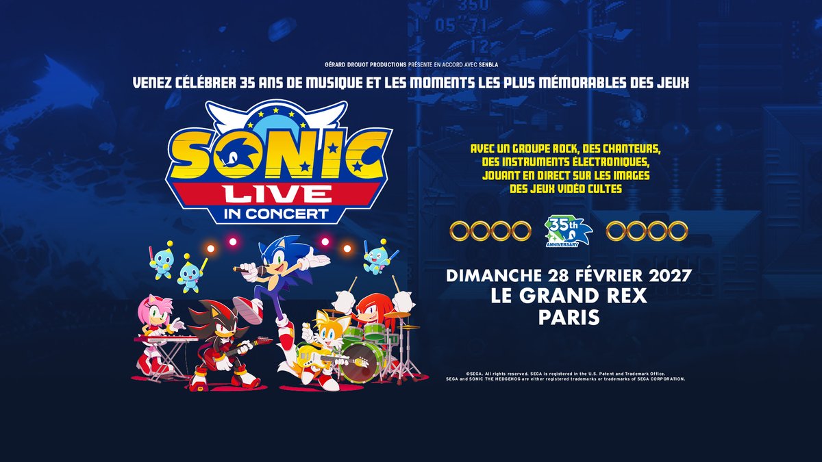 GDP's tweet photo. ANNONCE - Sonic Live In Concert fonce à toute allure sur Paris, @LeGrandRex Paris, le 28 février 2027 !
Revivez les moments emblématiques de vos jeux préférés Sonic The Hedgehog, accompagnés de la musique culte interprétée en live par un groupe réunissant des musiciens rock, des instruments électroniques et des chanteurs pour célébrer les 35 ans de la franchise.
🎫 Réservez vos billets en prévente mercredi 29 juillet à 10h. 
🎫 Mise en vente générale jeudi 30 juillet à 10h.