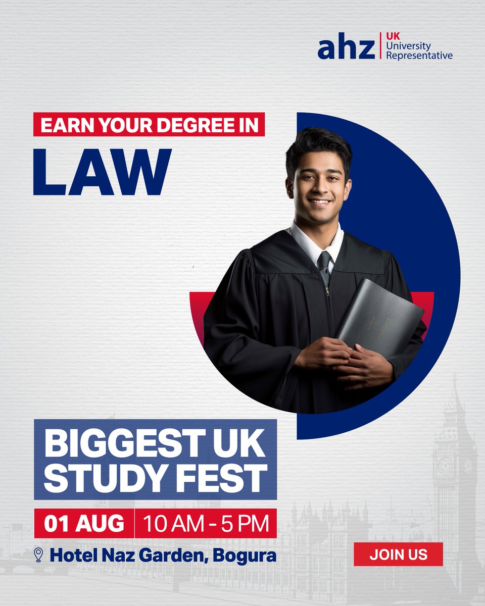ahz_bangladesh's tweet photo. Study Law in the UK!

Explore top universities, scholarships &amp; FREE application support at the Biggest UK Study Fest.

📅 1 Aug | 🕙 10 AM–5 PM
📍 Hotel Naz Garden, Bogura
👉 Register: https://t.co/dVSpoeE56k
#UKStudyFest #StudyintheUK #StudyAbroad https://t.co/7g03B4JQss