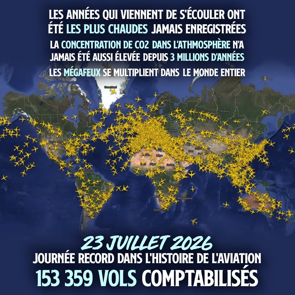 ContreAttaque_'s tweet photo. CRASH CLIMATIQUE : RECORD ABSOLU DU TRAFIC D'AVIONS

Notre monde absurde pourrait être décrit ainsi : des touristes voyagent d’un endroit trop chaud à un autre endroit trop chaud, à bord d’avions à réaction brûlant du kérosène, créant encore plus d’endroits trop chauds.

1/2 ⤵️ https://t.co/9un2M5mp73