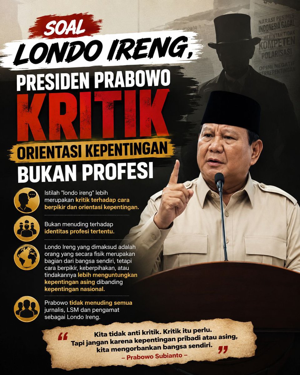 mbapopice's tweet photo. Presiden Prabowo tidak pernah menuding jurnalis, LSM, atau pengamat secara pukul rata. Kritik ini murni ditujukan pada orientasi kepentingan yang merugikan nasional. #LondoIreng https://t.co/LQ9expdESl