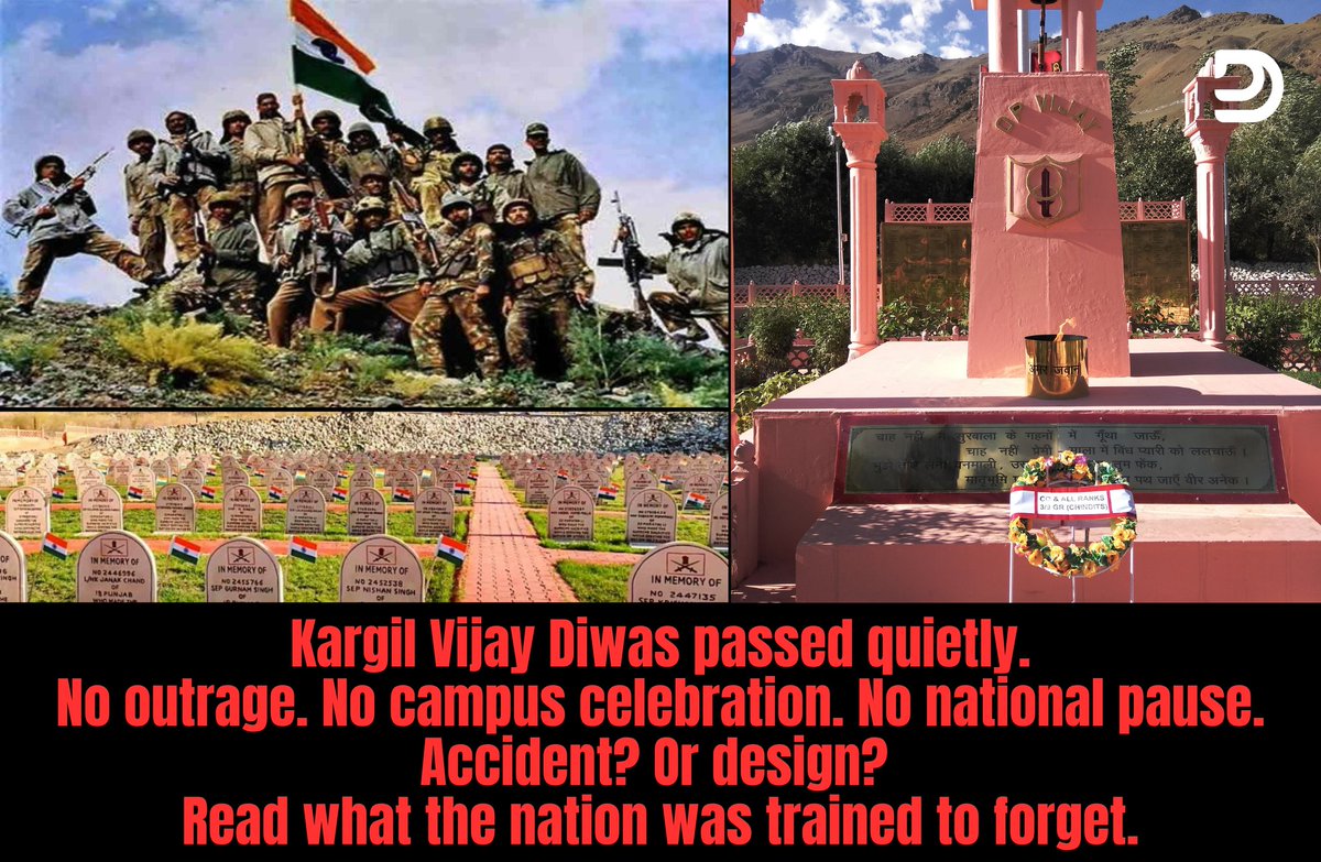 md_deepesh's tweet photo. On one mountain,
Pakistan buried peace beneath the snow.

In Lahore, leaders smiled for the cameras.
In Kargil, Pakistani soldiers climbed towards India.

And Delhi heard nothing.

20 February 1999.
Atal Bihari Vajpayee entered Lahore.
Nawaz Sharif welcomed him.

Tables carried diplomacy.
And biryani too.

The Lahore Declaration was signed.
Peace had found its photograph.

But above Dras.
Kaksar.
Batalik.
Mushkoh.

Pakistan’s soldiers were stealing the winter.
Indian troops had left some frozen heights.

Pakistan used the silence.

Pakistani’s crossed the LoC.
Bunkers rose on Indian soil.
Pakistani Guns watched the Srinagar-Leh highway.

Vajpayee returned with promises.
Pakistan stayed behind with positions.

Our intelligence saw fragments.
But missed the invasion.

3 May.
Not a satellite.
Not a secret agency.
A Ladakhi shepherd saw strange movement.
Tashi Namgyal raised the alarm.

Patrols climbed.
Some never returned.
Only then did India understand.

This was no infiltration.
This was an occupation.

26 May.
Operation Vijay was underway.
The Air Force launched Operation Safed Sagar.

Now the story has changed.

Indian soldiers climbed cliffs at night.
Thin air.
Heavy rifles.

Death waiting above.
At Tololing.
Tiger Hill.

Point 5140.
Point 4875.

They climbed into machine-gun fire.
They fought bunker to bunker.

Some fought while bleeding.
Some died before the Tricolour reached the summit.

Pakistan held the height.
India held the nerve.
India did not cross the LoC.

That restraint isolated Pakistan.
The world saw through it.

26 July 1999.
The peaks were ours again.
And the tricolor again flew high.

But victory had a bill.
527 Indian soldiers were dead.
1,363 were wounded.

26th July 2026.
Was Kargil Vijay Diwas.

Yet our feeds remembered protests.
Resignations.
Influencers.
Jantar Mantar drama.

The men who returned our mountains received recycled posts.
And India still avoids the deeper lesson.

In 1947.
Aggression met hesitation.

In 1971.
India captured over 90,000 prisoners,
yet failed to secure PoJK.

In 1999.
Lahore hospitality hid Kargil betrayal.

Months later,
IC-814 was hijacked.

India released three terrorists.
One was Masood Azhar.
He built Jaish-e-Mohammed.

India still pays the interest.

Our soldiers show the nation how to stand.
Our politicians keep teaching it how to bend.

Then the enemy crossed mountains.

Today, pressure rises inside our streets.

Abuse is now mainstream.
Vulgarity has shifted from Bollywood to Roads.
Slurs on the Prime Minister are normalised.
Insults on the Indian forces are tolerated.

And yet, the uniform held the line.
Will the political class ever grow the same spine?

But perhaps the question is also for us.

Why does Kargil Vijay Diwas pass quietly?

Why are schools silent?
Why are universities indifferent?
Why do families not gather?

We celebrate Diwali with lamps.

But the men who protected every festival, receive one forgotten post.

Why?