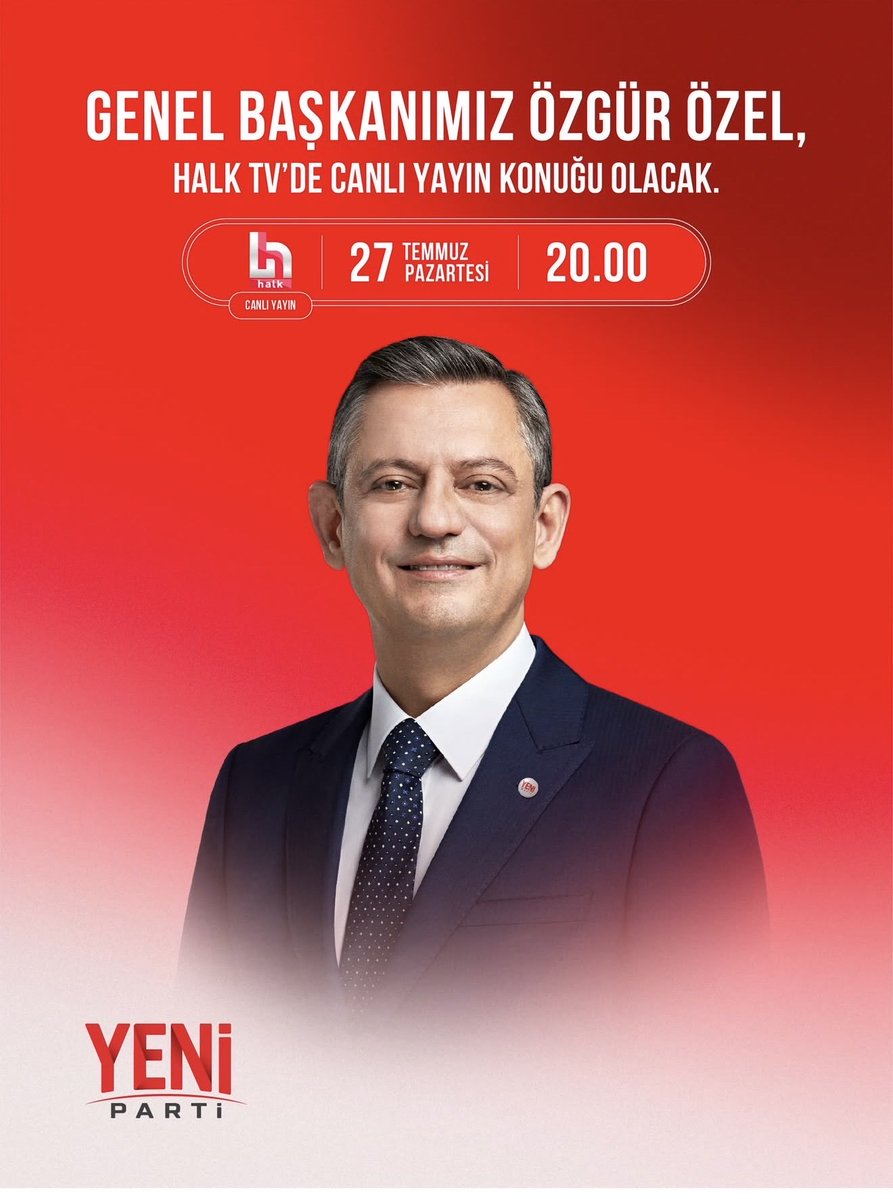 MTanal's tweet photo. Genel Başkanımız Özgür Özel, bu akşam saat 20.00’de Halk TV canlı yayınında milletimizin karşı karşıya kaldığı sorunları, çözüm önerilerimizi ve YENİ Parti’nin Türkiye’ye dair güçlü yol haritasını anlatacak.

Adaletin, demokrasinin ve halktan yana siyasetin sesi olacak bu önemli yayını tüm yurttaşlarımızı izlemeye davet ediyorum.

Yeni bir başlangıç, güçlü bir gelecek için ekran başında buluşalım.