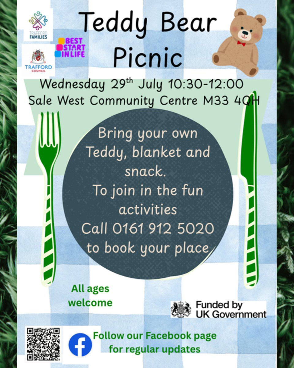 TraffordFIS's tweet photo. 🧸Teddy Bears Picnic! 🧸
📍Sale West Community Centre
🗓️Wednesday 29th July
⏰ 10:30 - 12:30am
Come on down to join the fun! https://t.co/vGmdiKdbTv