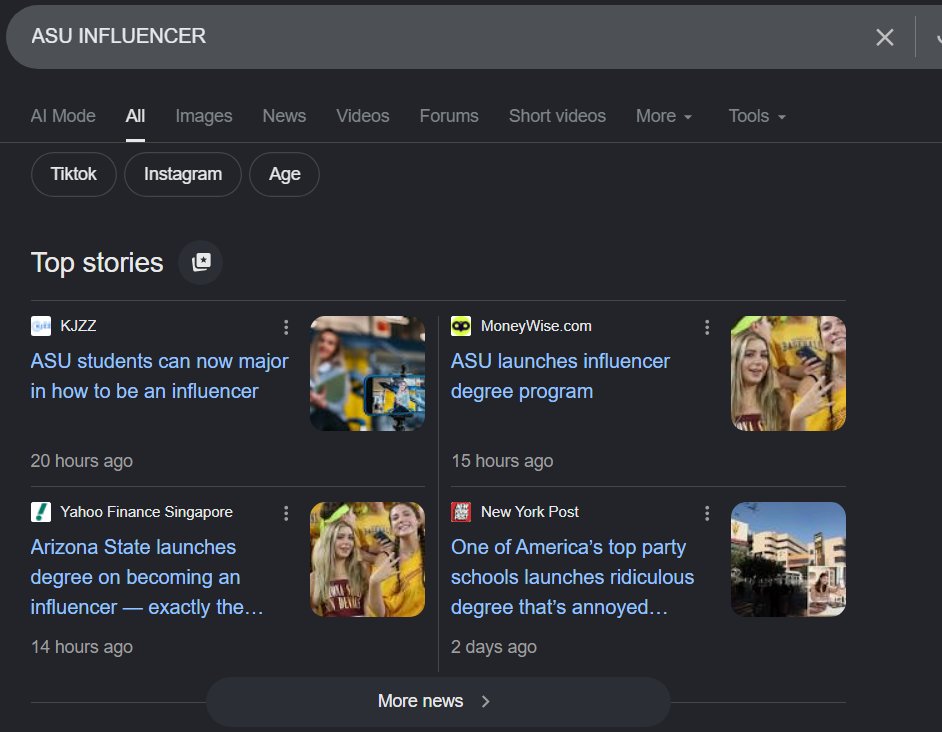 ForestManSol555's tweet photo. You can now go to ASU and study a "Influencer" MAJOR.

Thats insane news, u can literally go to college and learn to be a social media star?

https://t.co/JDEkjFt3zG

Dex at 15k. https://t.co/PHlq4kFo15
