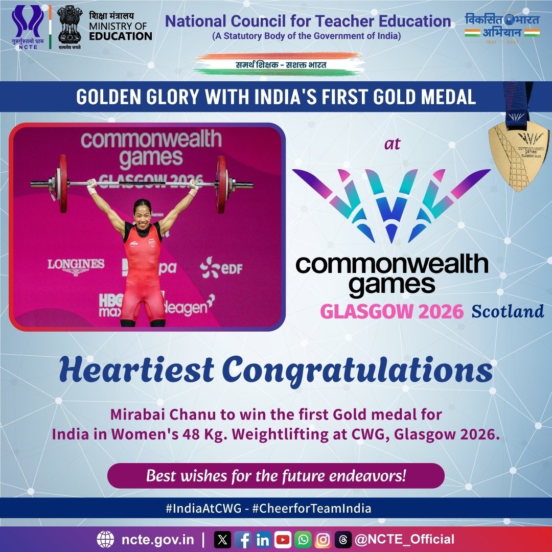 NCTE_Official's tweet photo. 🥇A Glorious Golden chapter added to India's Sporting Legacy at #CWGGlasgow2026 🇮🇳
Heartiest congratulations to Mirabai Chanu ji on winning the Gold medal in the Women's 48 KG category at #CommonwealthGames2026, Glasgow, Scotland.
#IndiaAtCWG - #CheerforTeamIndia - #FirstGold https://t.co/DcqtrIWPpo