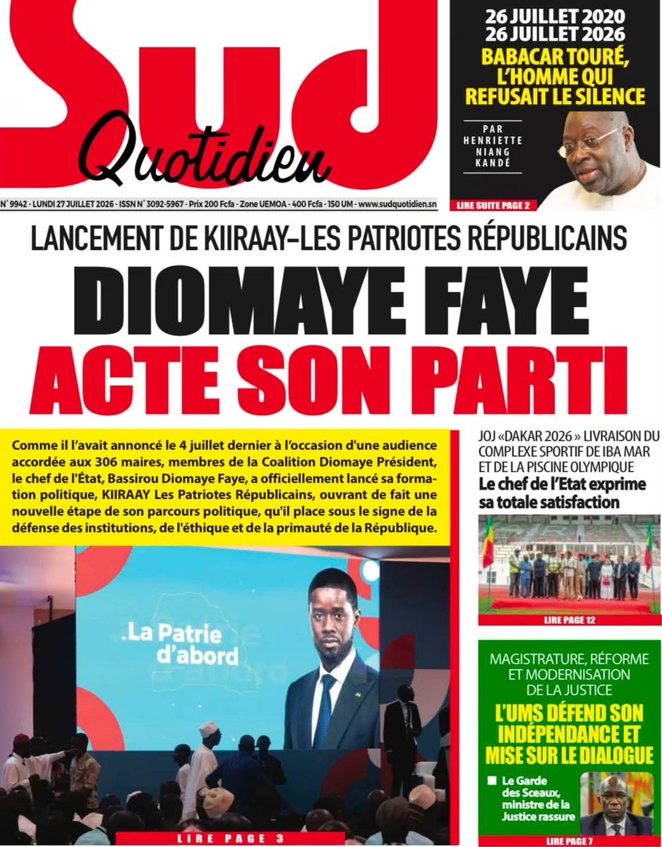 Mo_Njaay's tweet photo. #RevueDePresseSn du Lundi 27 Juillet 2026. Excellente semaine à toutes et à tous. #Sénégal,#LeSoleilSn,#SudQuotidien,#LibérationSn,#YoorYoorBi https://t.co/TD6QloggAy