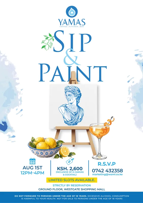KenyaBuzz's tweet photo. 🎨 Paint. 🍸 Sip. ✨ Relax.
Join Sip & Paint on 1st August at Yamas Coffee Kitchen Bar.
🕛 12PM–4PM
💰 KES 2,600 (Canvas & cocktail included)
🎟️ Tickets available on Kenyabuzz via the link - https://t.co/h9rppc04G9
#SipAndPaint #NairobiEvents #KenyaBuzz https://t.co/zuTYkTbRkz