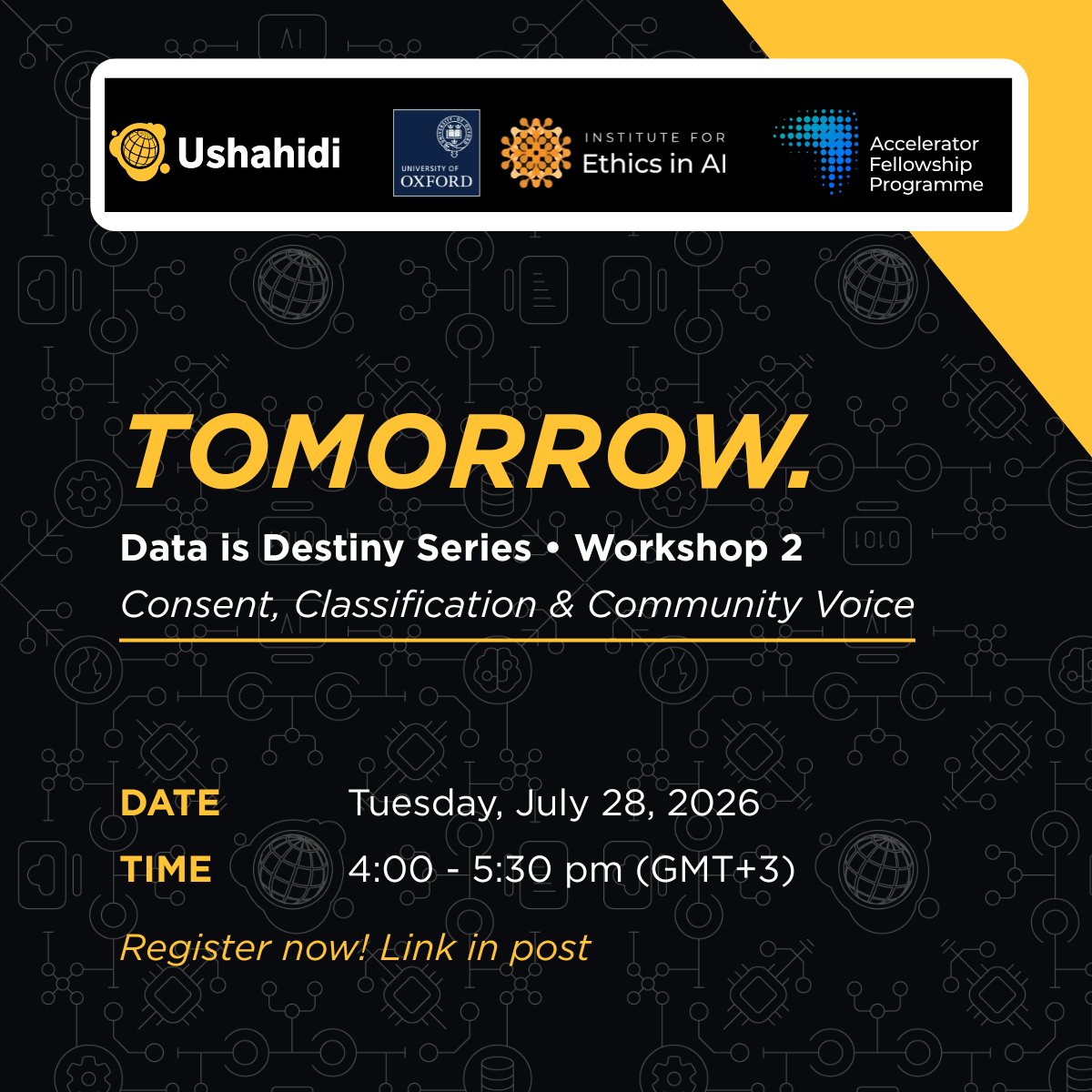 ushahidi's tweet photo. The second workshop in the Data Is Destiny series is tomorrow, 28 July, 4 PM EAT.

We're designing consent processes, building a data classification schema, and working out what protection means to the communities generating the data.

Register today! https://t.co/vSFrXAO7xa https://t.co/V6T3fSwISG