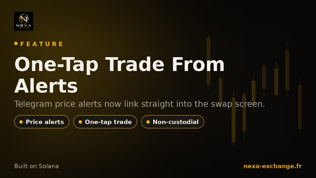 nexa_exchange's tweet photo. Our Telegram bot does more than flag a price move. Each alert carries a "Trade X on NEXA" button that opens the swap screen with that token pre-loaded, so you can act right away, non-custodially, without hunting for a contract address. #Solana #SolanaDeFi https://t.co/O4wwSTP71Z