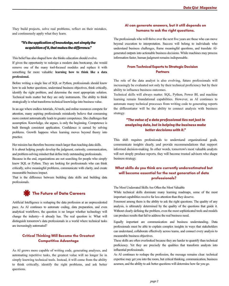 Data__Gist's tweet photo. DataGist Magazine New Edition

What if the biggest difference between a data professional and someone with data skills isn't SQL Python or AI but the way they think?

That's the central question behind the latest edition of @Data__Gist Magazine
feature
Esther Anagu
@Starr_Anagxy https://t.co/YsrKB6HWsz