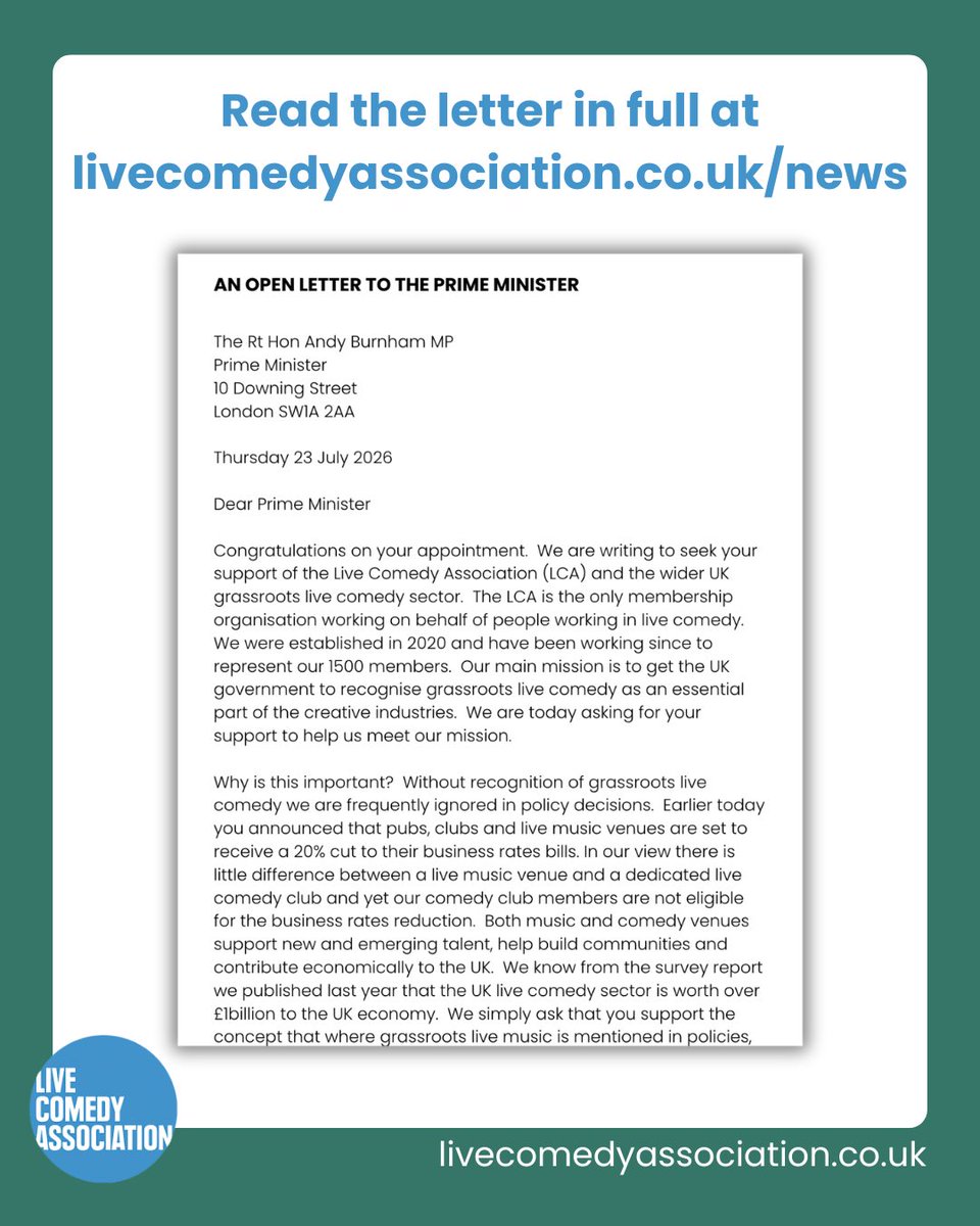 LiveComedyUK's tweet photo. We've written to new Prime Minister Andy Burnham. Our message: it's time to recognise grassroots live comedy as an essential part of the UK's creative industries.

👉 Read the letter: https://t.co/3rrY6AfbTt https://t.co/B7CwEHlSkP