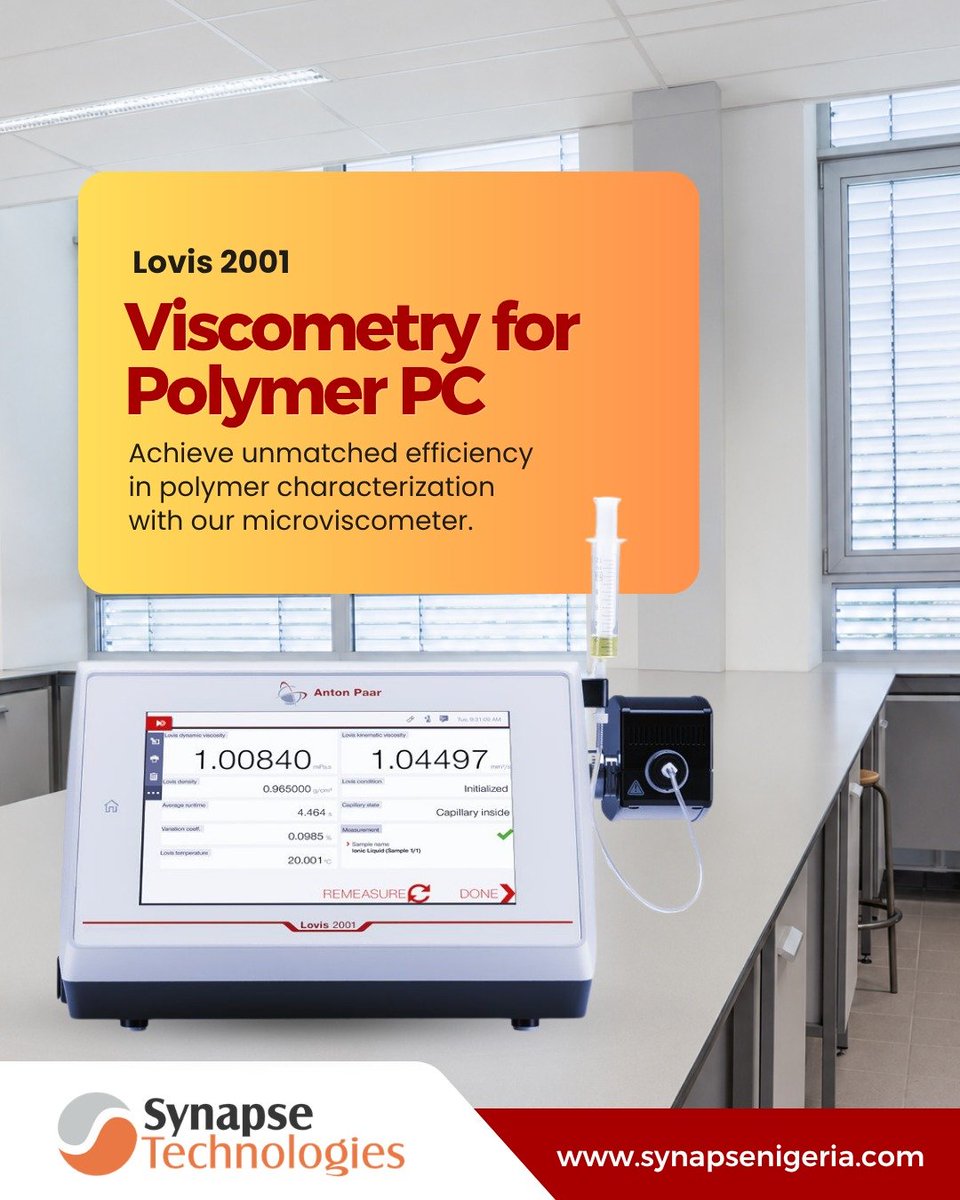 SynapseTechNg's tweet photo. The Lovis 2001 falling-ball viscometer supports automated runtime comparisons and formula-based calculations that deliver reliable results, helping laboratories detect polymer degradation at an early stage.

🔎 Learn more: https://t.co/RDwwlRFdTT

#AntonPaar #PolymerProcessing https://t.co/2yhju9VI3W