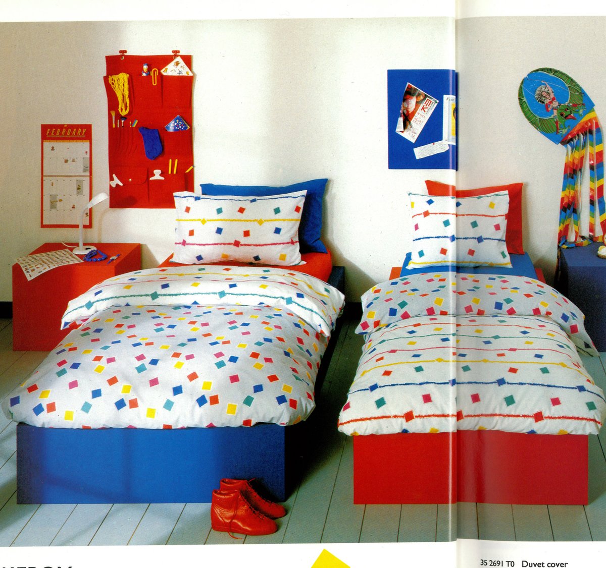 MandSHeritage's tweet photo. Reading Room researchers have recently been looking at use of colour in our homeware ranges - they got quite a treat with this 1986 kids bedroom range! https://t.co/tVZWp1VFXa