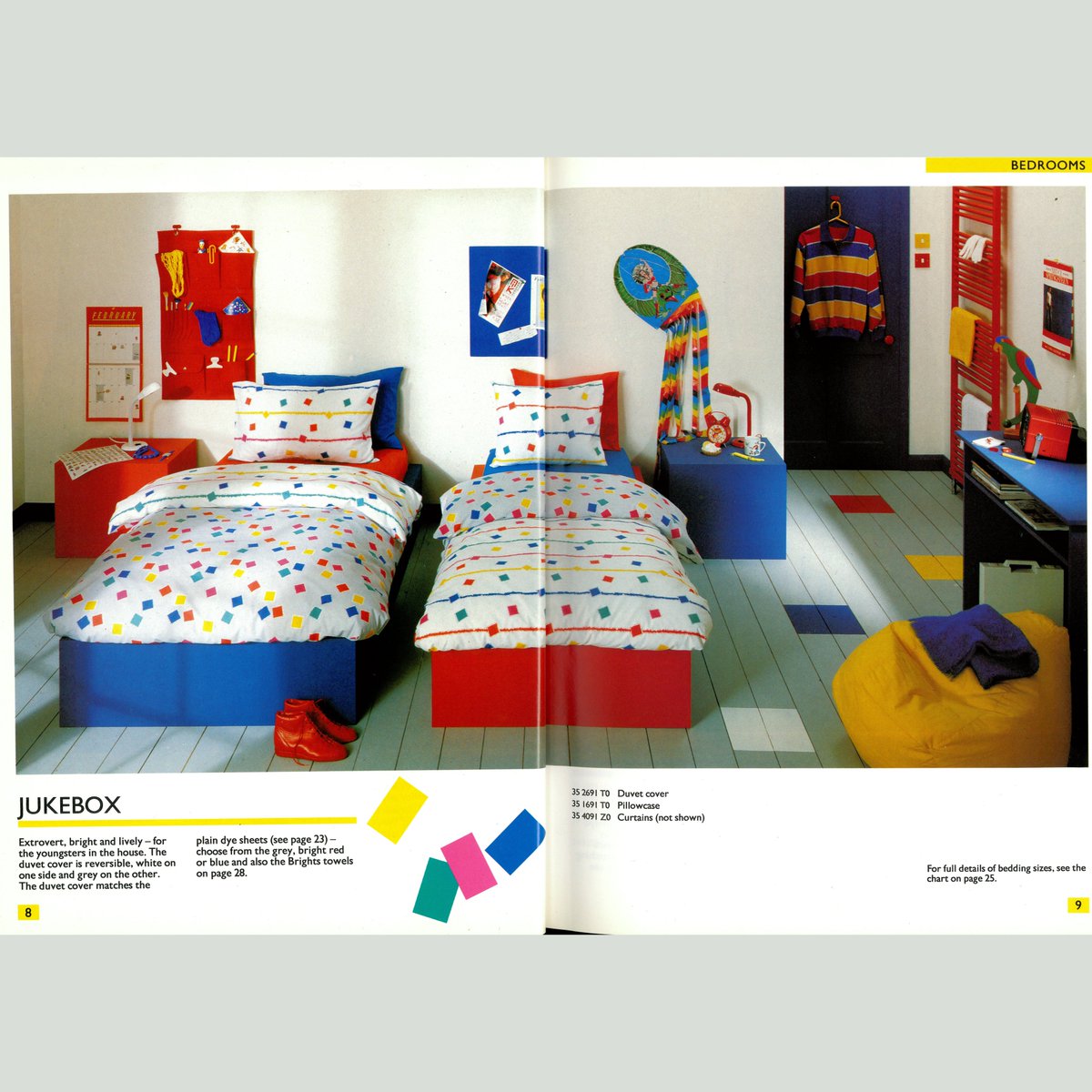 MandSHeritage's tweet photo. Reading Room researchers have recently been looking at use of colour in our homeware ranges - they got quite a treat with this 1986 kids bedroom range! https://t.co/tVZWp1VFXa