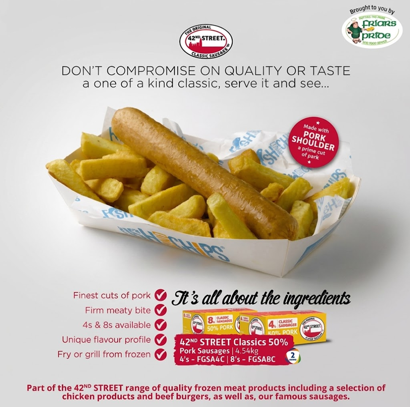 FriarsPride's tweet photo. Don't compromise on quality or taste! 

Treat your customers to the classic flavour of 42nd Street Sausages 🌭 

Made with prime pork shoulder for a firm, meaty bite and a unique flavour profile. Perfect for serving with crispy chips, whether fried or grilled from frozen! https://t.co/x5cUfxktC9